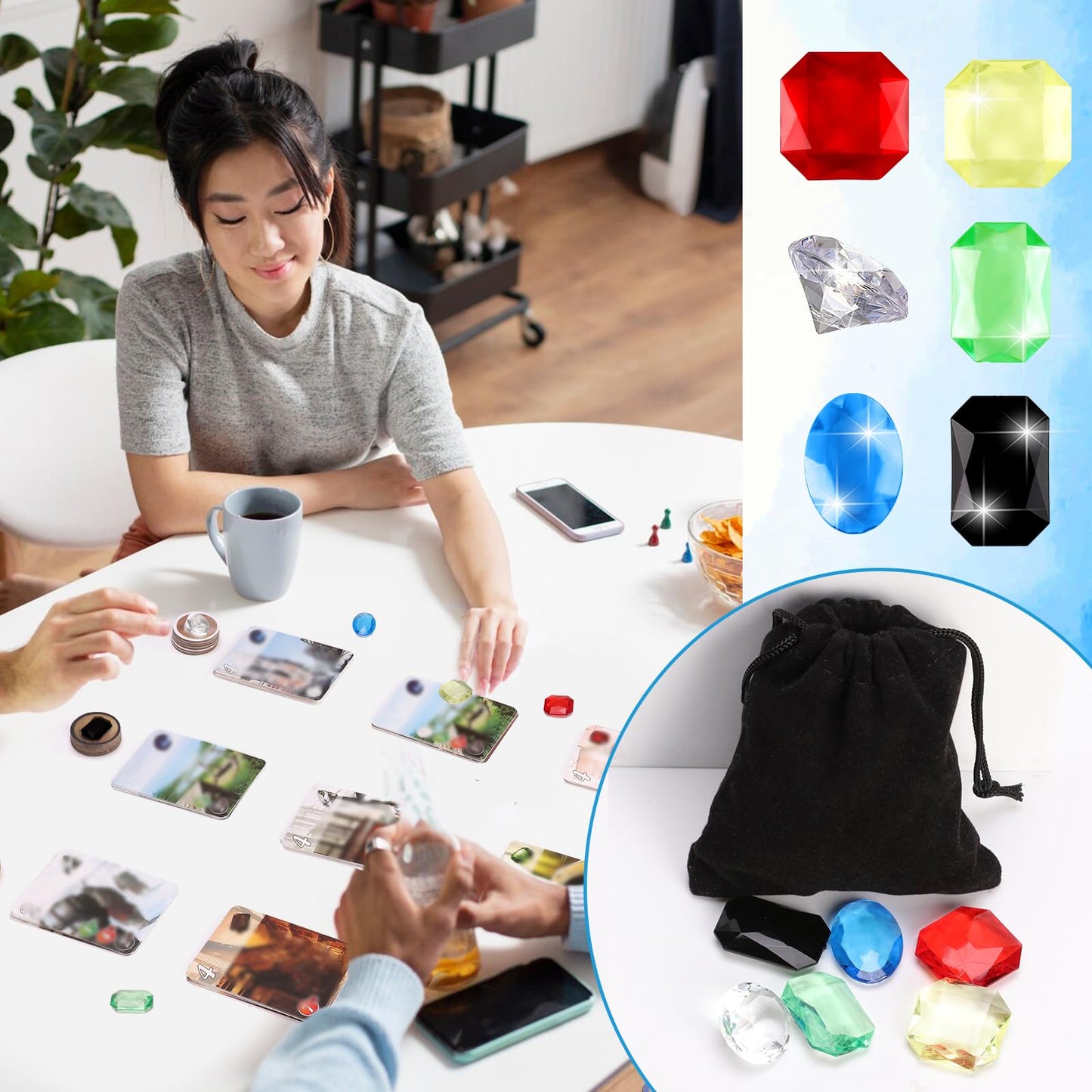 MSHUNKEJI 40 Pcs Board Game Gems – 6 Styles, Glass & Plastic, Black Bag