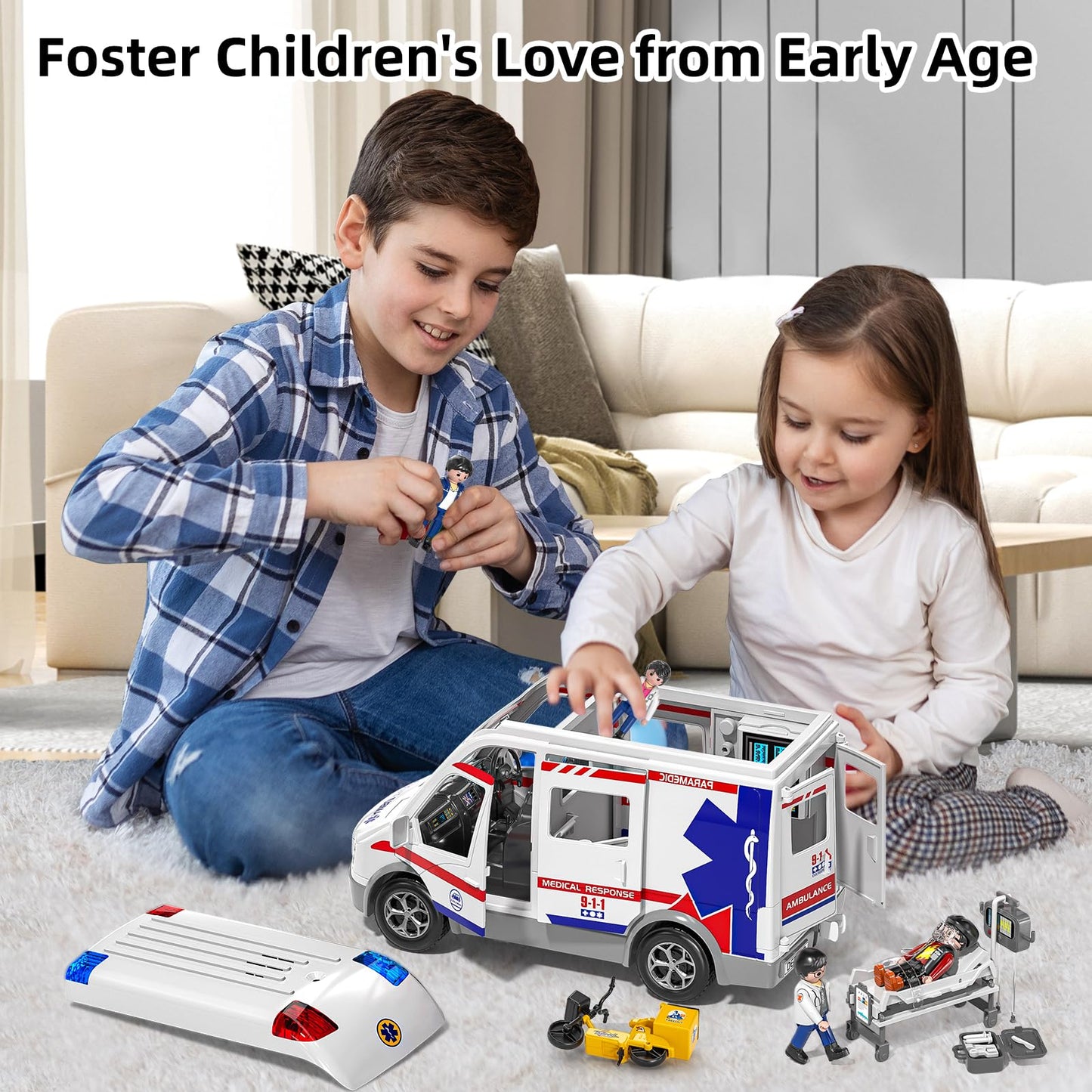 MSKOLER Play Ambulance Toy – Friction-Powered Carrier Truck with Light & Sound for Ages 3–12