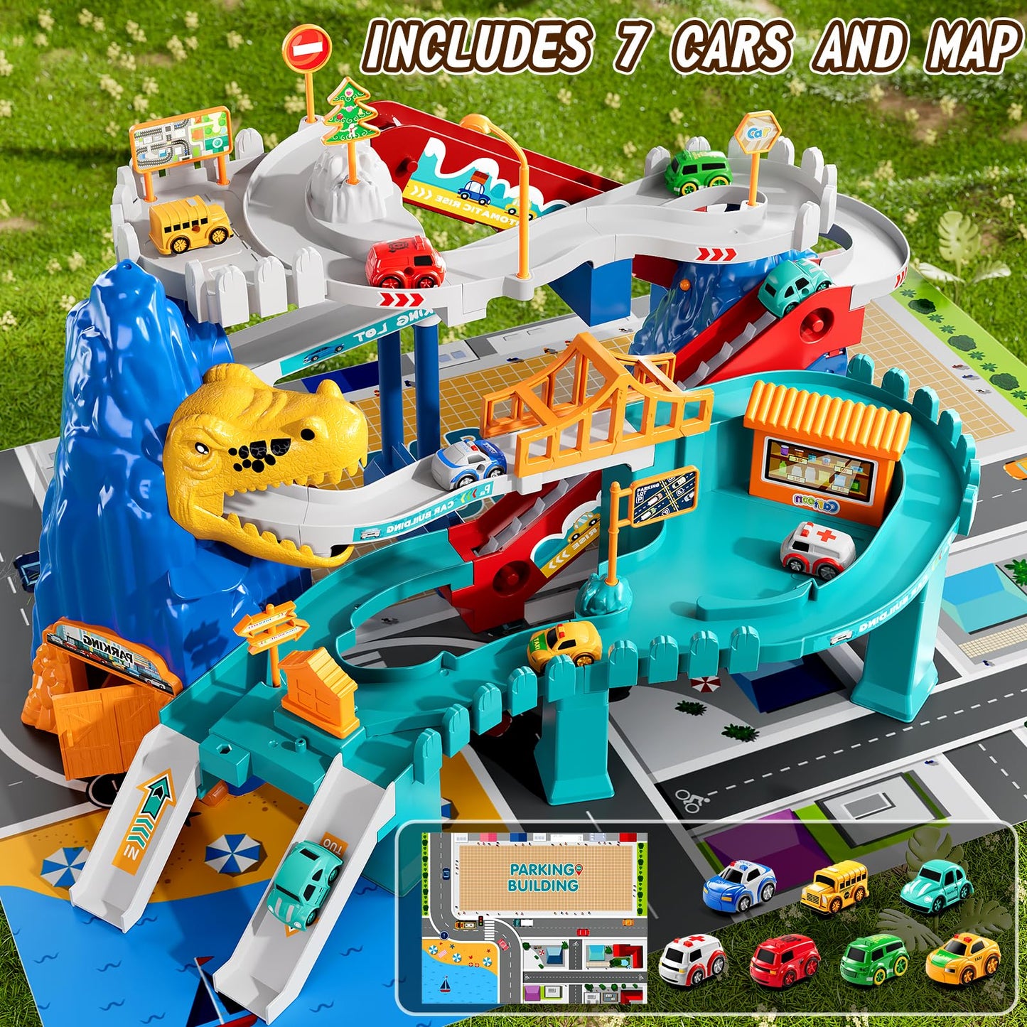 MSKOLER Dinosaur Race Track for Toddlers 2-4 | 7-Car Play Set