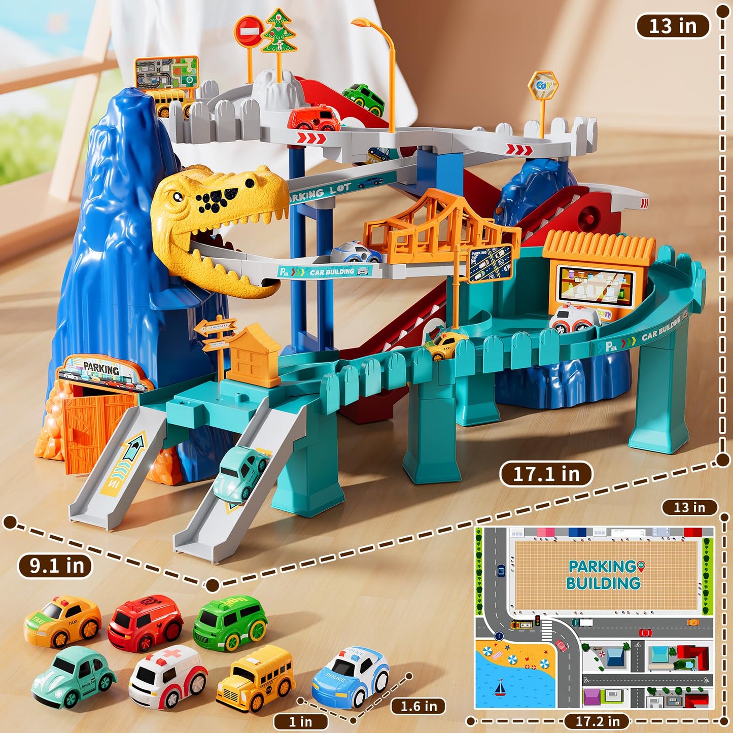 MSKOLER Dinosaur Race Track for Toddlers 2-4 | 7-Car Play Set