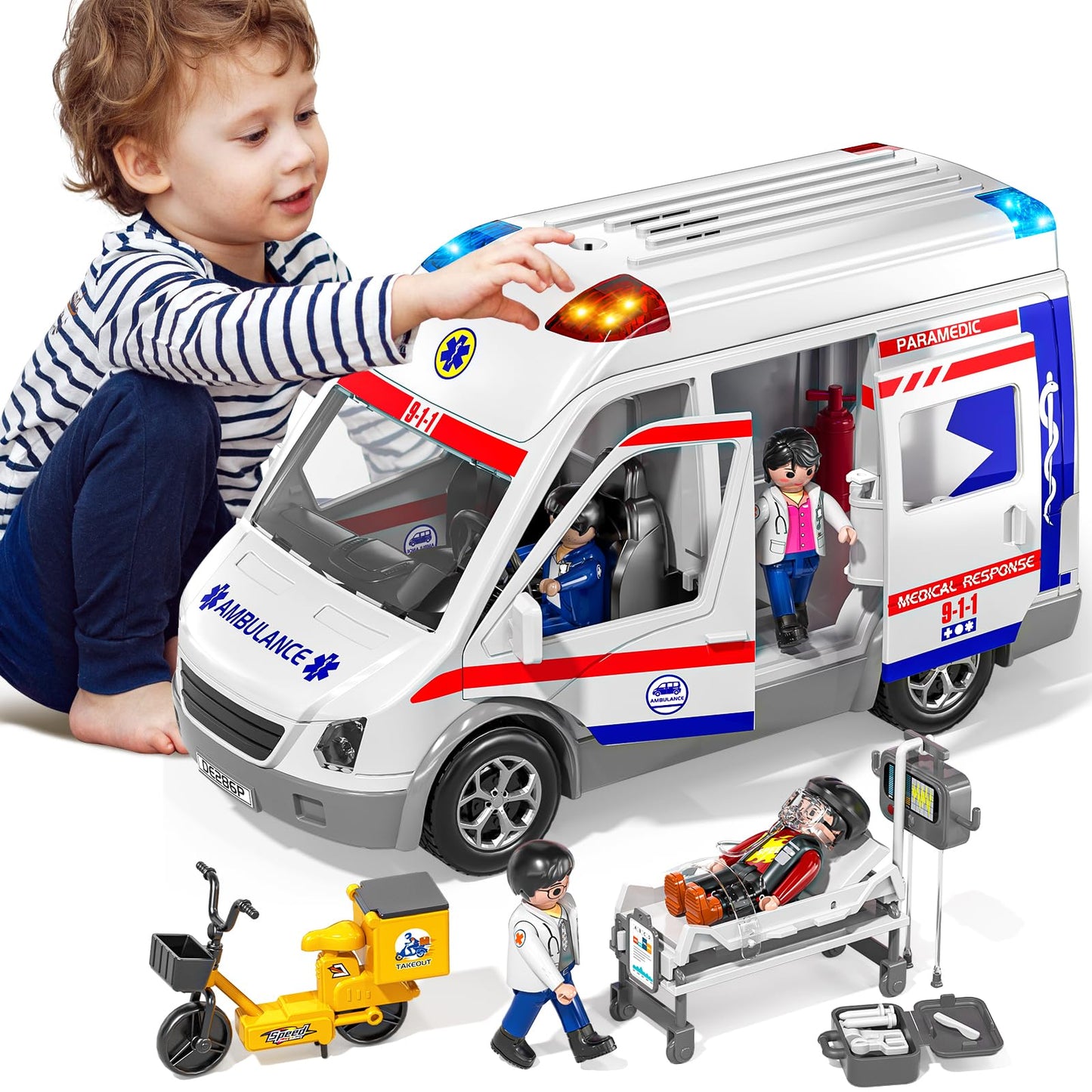 MSKOLER Play Ambulance Toy – Friction-Powered Carrier Truck with Light & Sound for Ages 3–12