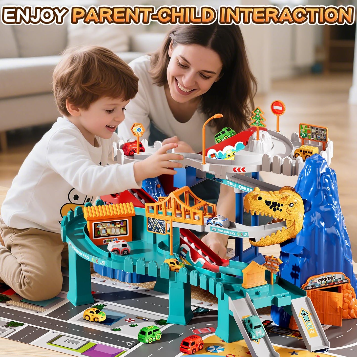 MSKOLER Dinosaur Race Track for Toddlers 2-4 | 7-Car Play Set