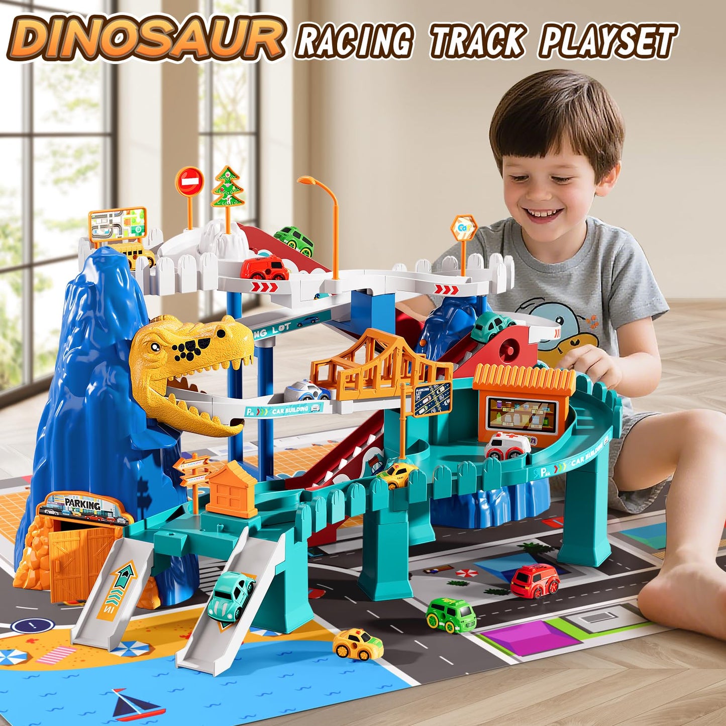 MSKOLER Dinosaur Race Track for Toddlers 2-4 | 7-Car Play Set