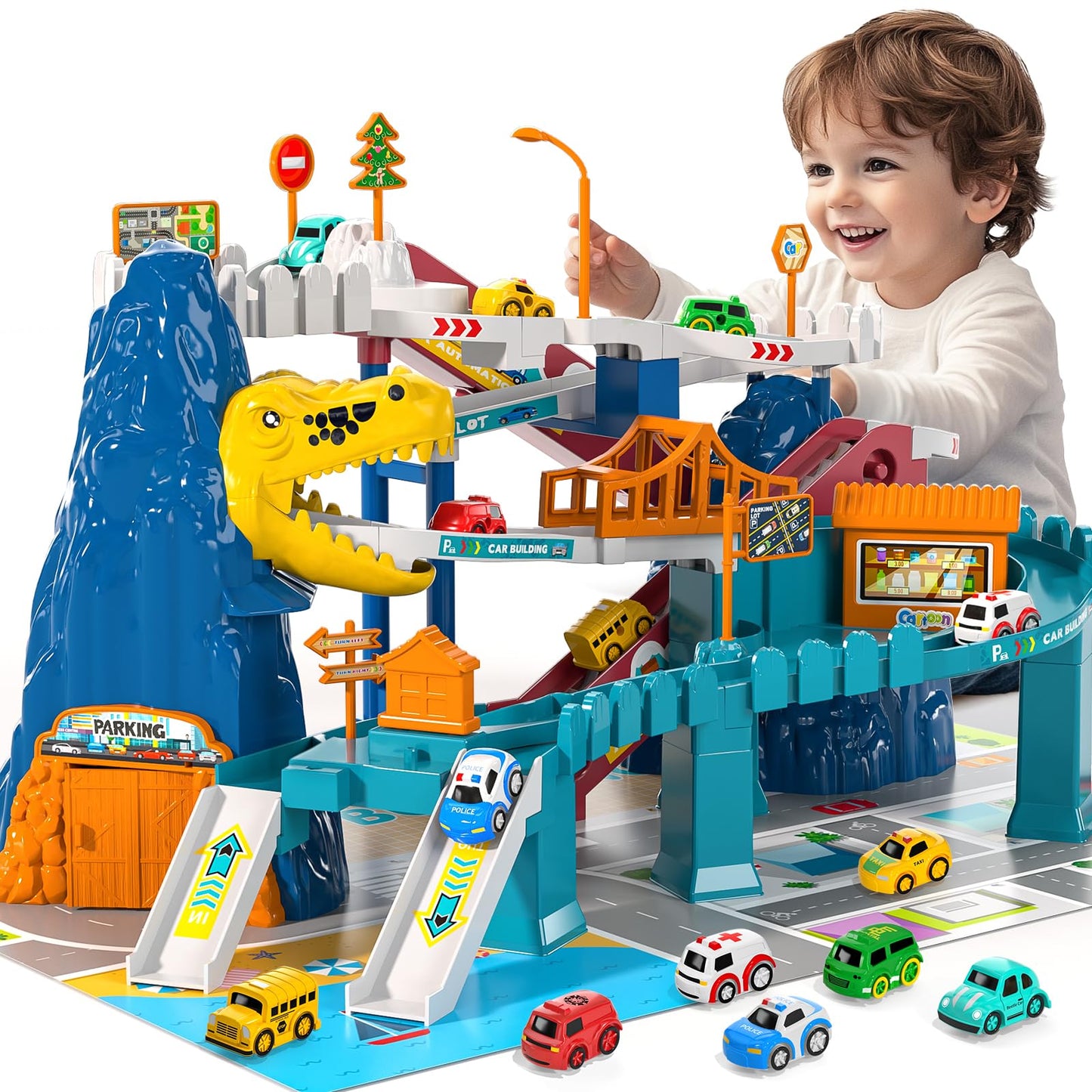 MSKOLER Dinosaur Race Track for Toddlers 2-4 | 7-Car Play Set