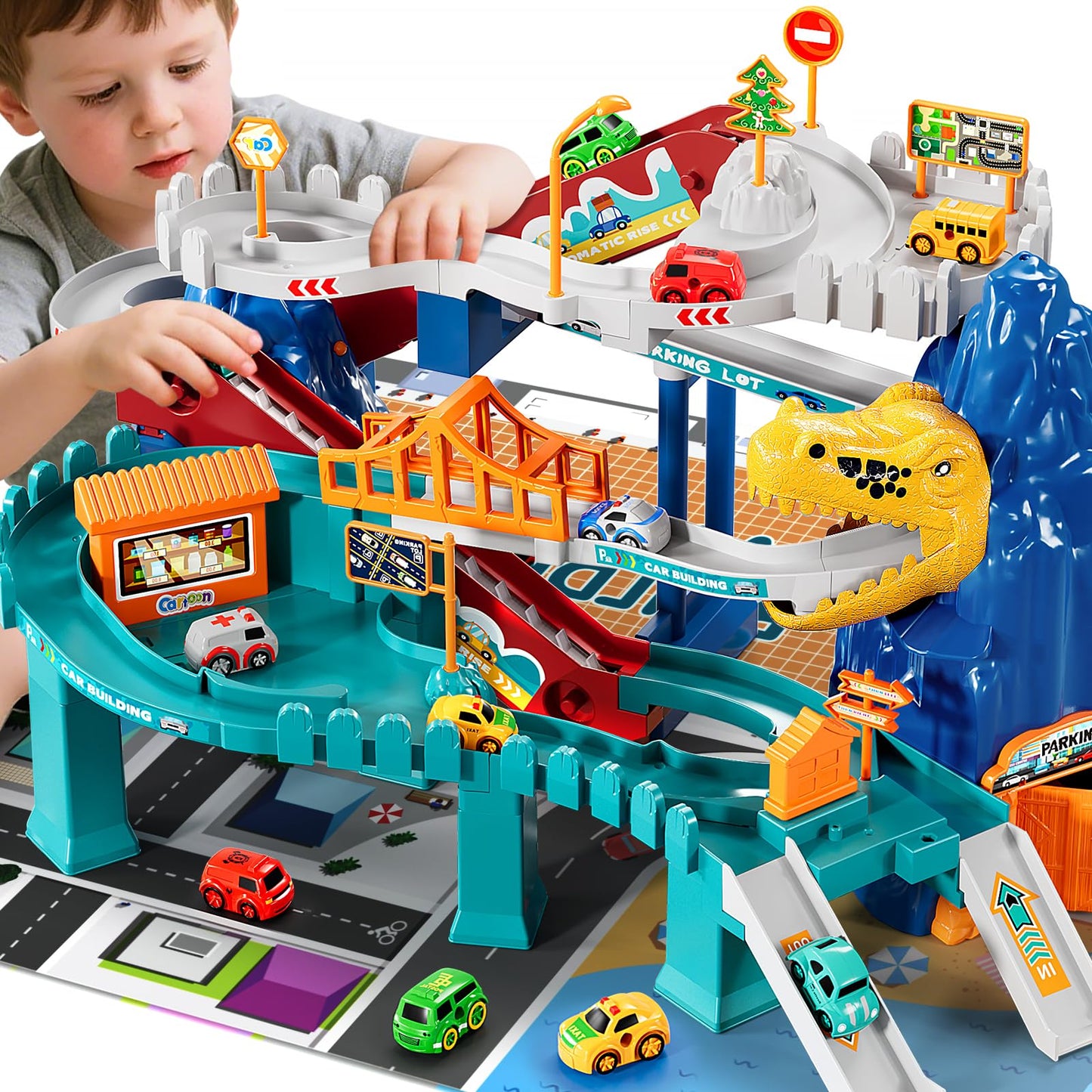 MSKOLER Dinosaur Race Track for Toddlers 2-4 | 7-Car Play Set