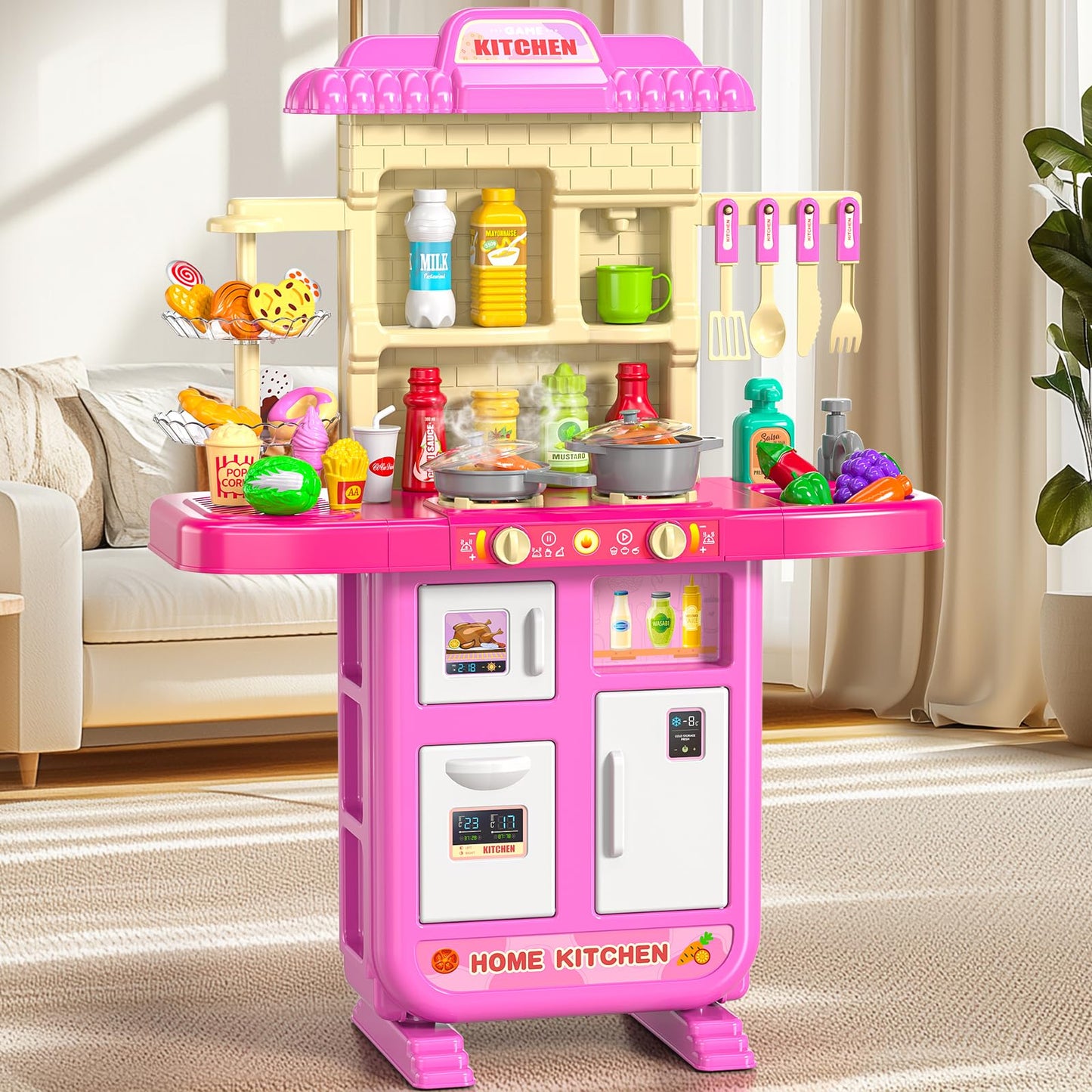 MSKOLER Play Kitchen Set for Toddlers – Lights, Sounds & Water Play | Pink Girls Kitchen Toy 2-6