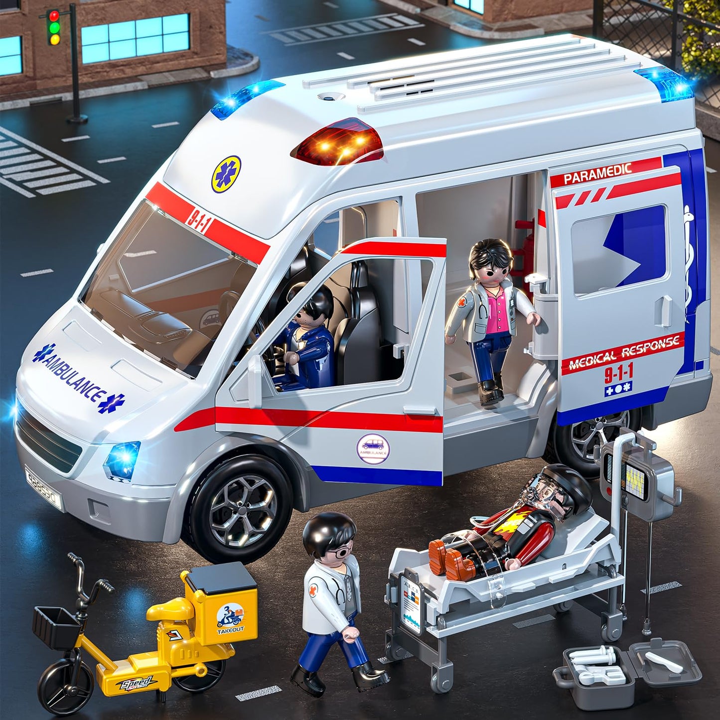 MSKOLER Play Ambulance Toy – Friction-Powered Carrier Truck with Light & Sound for Ages 3–12