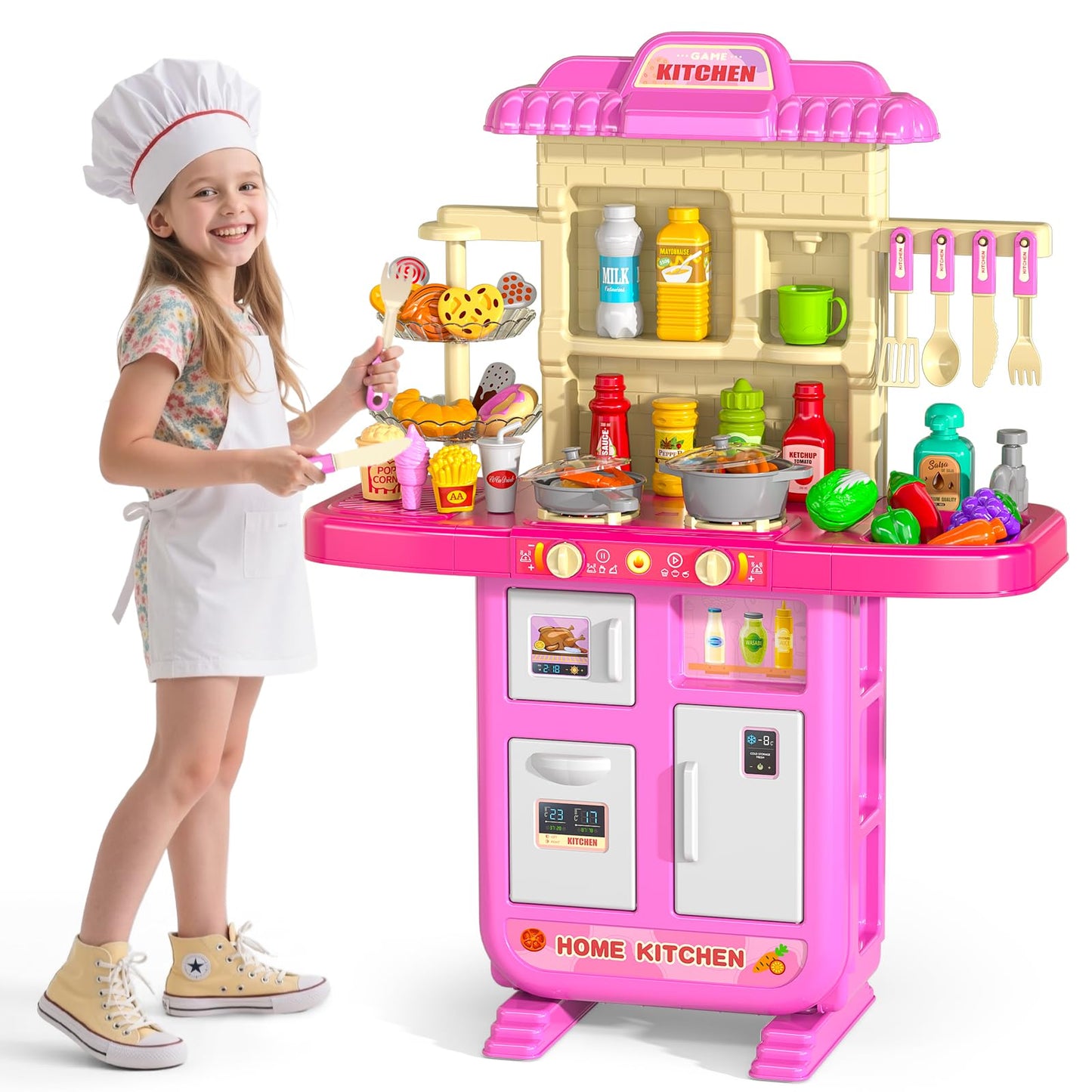 MSKOLER Play Kitchen Set for Toddlers – Lights, Sounds & Water Play | Pink Girls Kitchen Toy 2-6