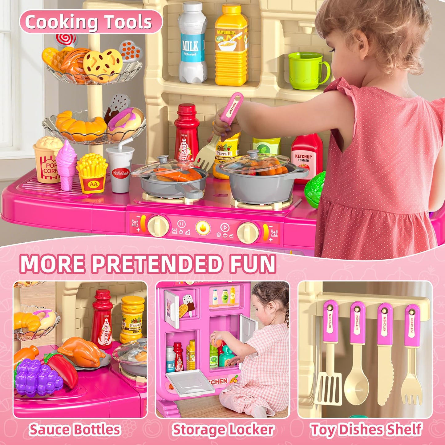 MSKOLER Play Kitchen Set for Toddlers – Lights, Sounds & Water Play | Pink Girls Kitchen Toy 2-6