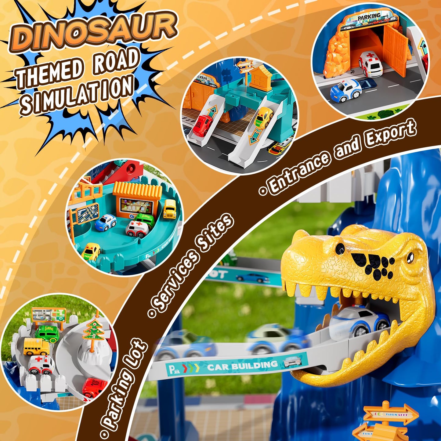 MSKOLER Dinosaur Race Track for Toddlers 2-4 | 7-Car Play Set