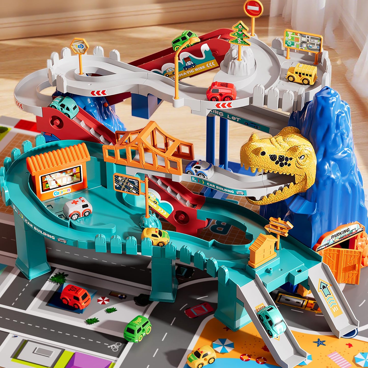 MSKOLER Dinosaur Race Track for Toddlers 2-4 | 7-Car Play Set