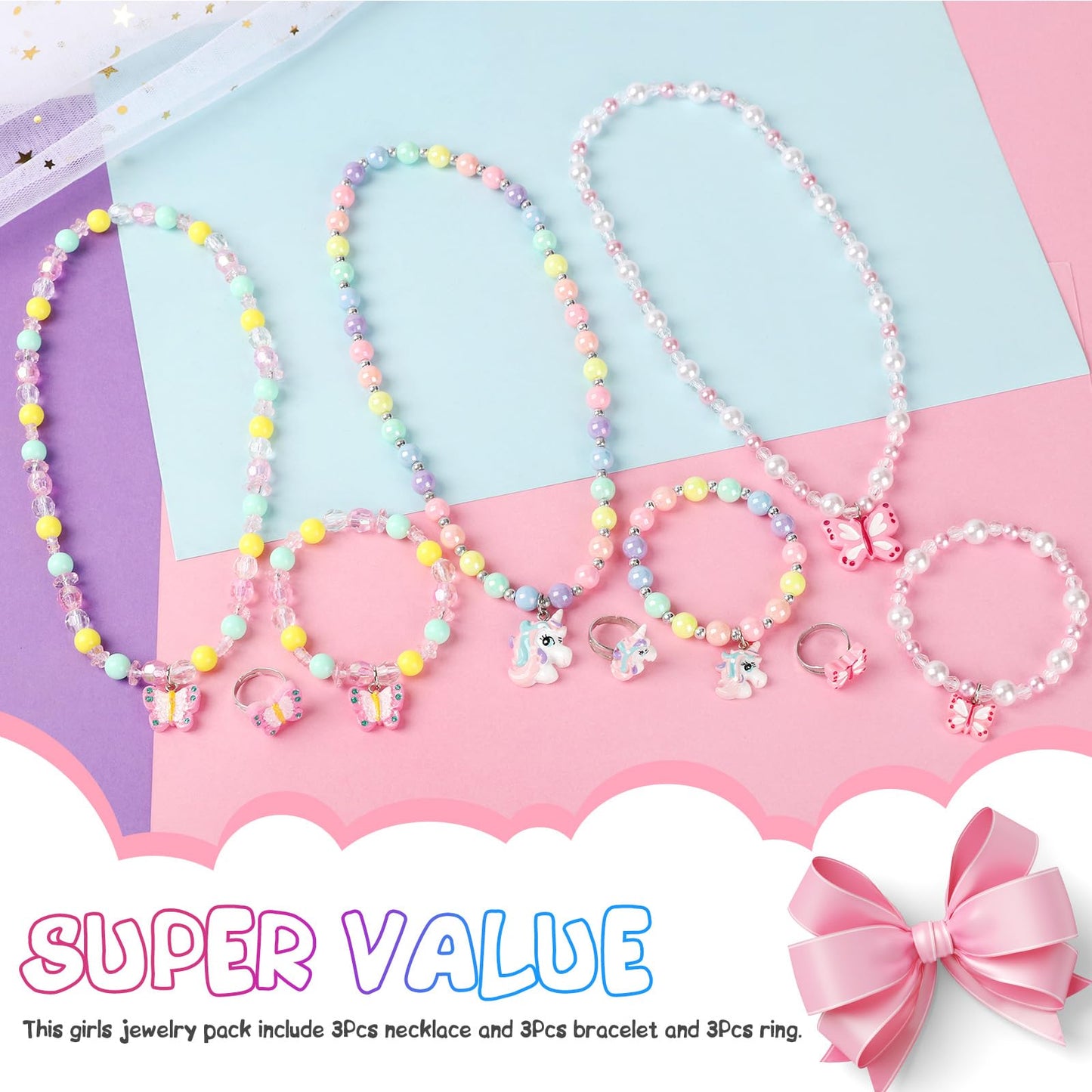 Msnailfly 3-Piece Kids Jewelry Set — Unicorn Butterfly Necklace, Bracelet & Ring (Gift Box)