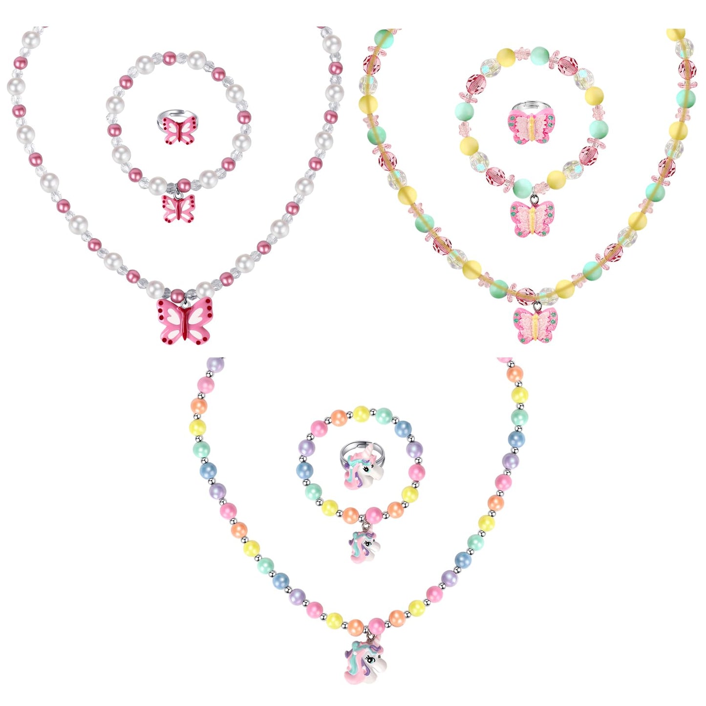 Msnailfly 3-Piece Kids Jewelry Set — Unicorn Butterfly Necklace, Bracelet & Ring (Gift Box)