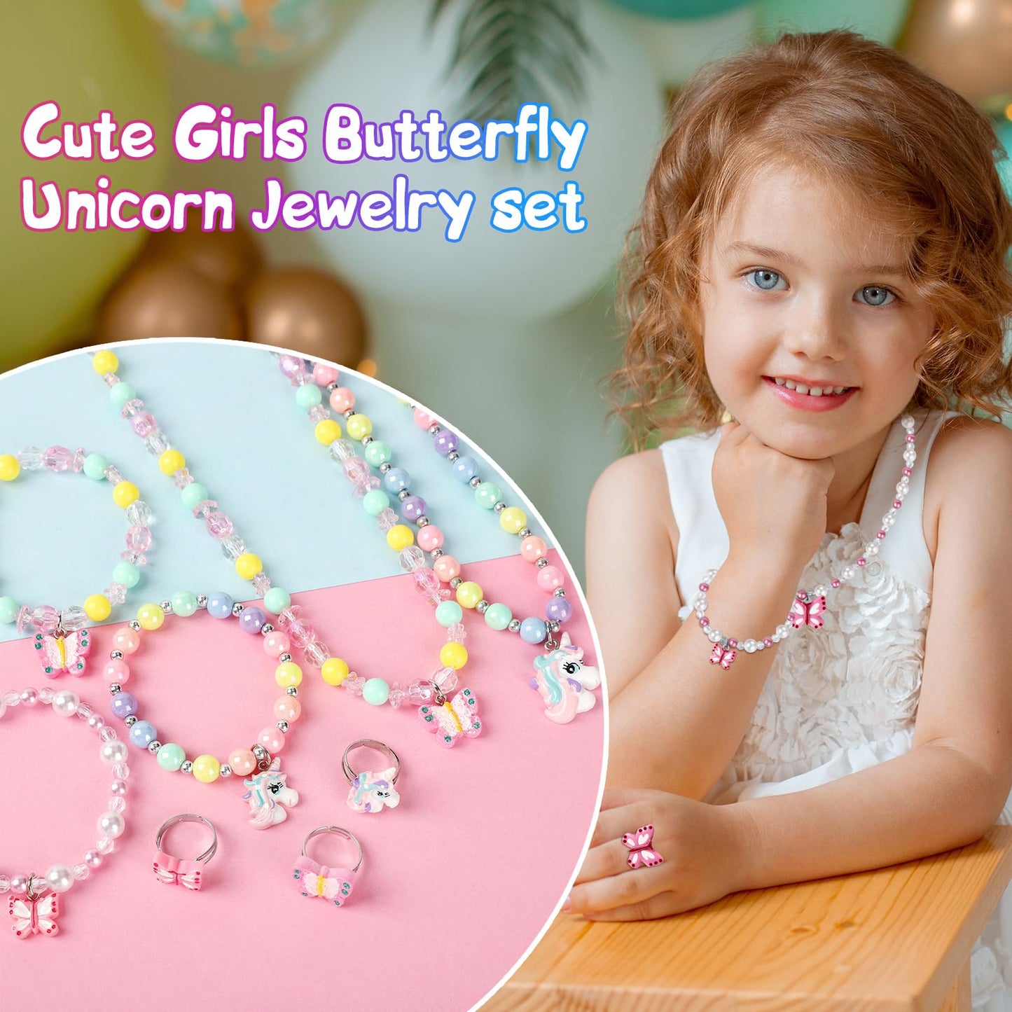 Msnailfly 3-Piece Kids Jewelry Set — Unicorn Butterfly Necklace, Bracelet & Ring (Gift Box)