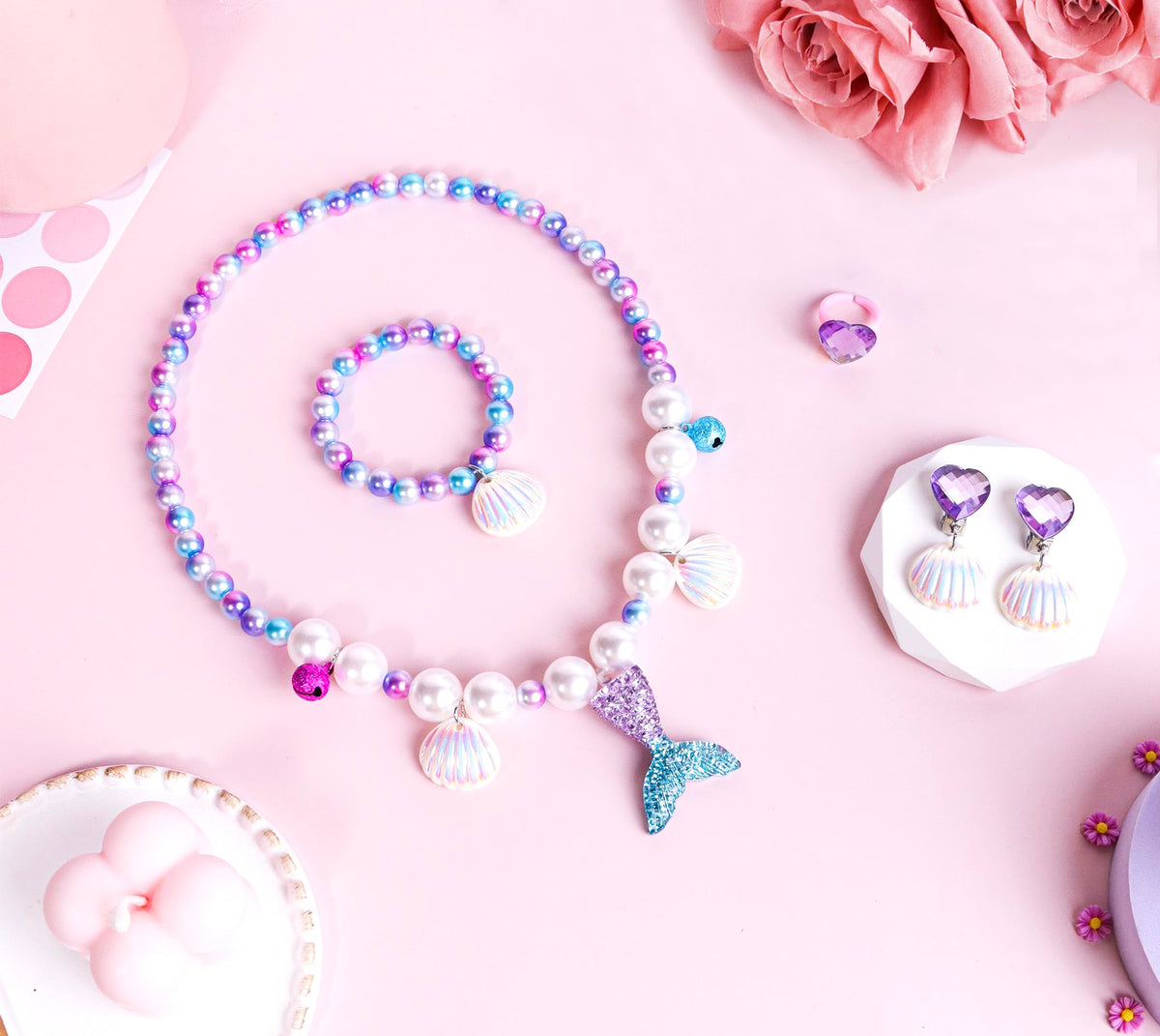MTGOCHA Mermaid Jewelry Set for Girls – Necklace, Bracelet, Earrings, Ring, Mermaid Purse (Purple)