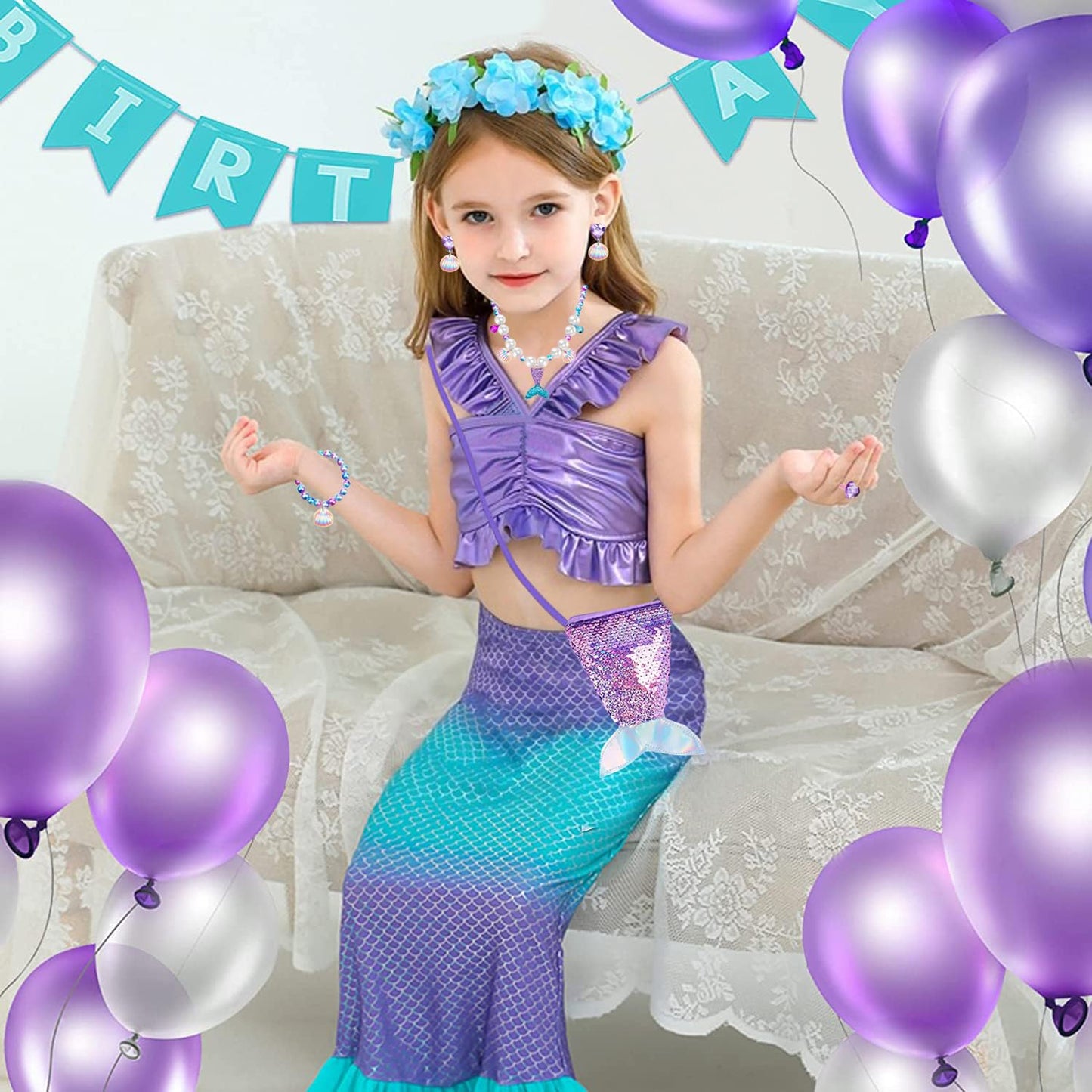 MTGOCHA Mermaid Jewelry Set for Girls – Necklace, Bracelet, Earrings, Ring, Mermaid Purse (Purple)