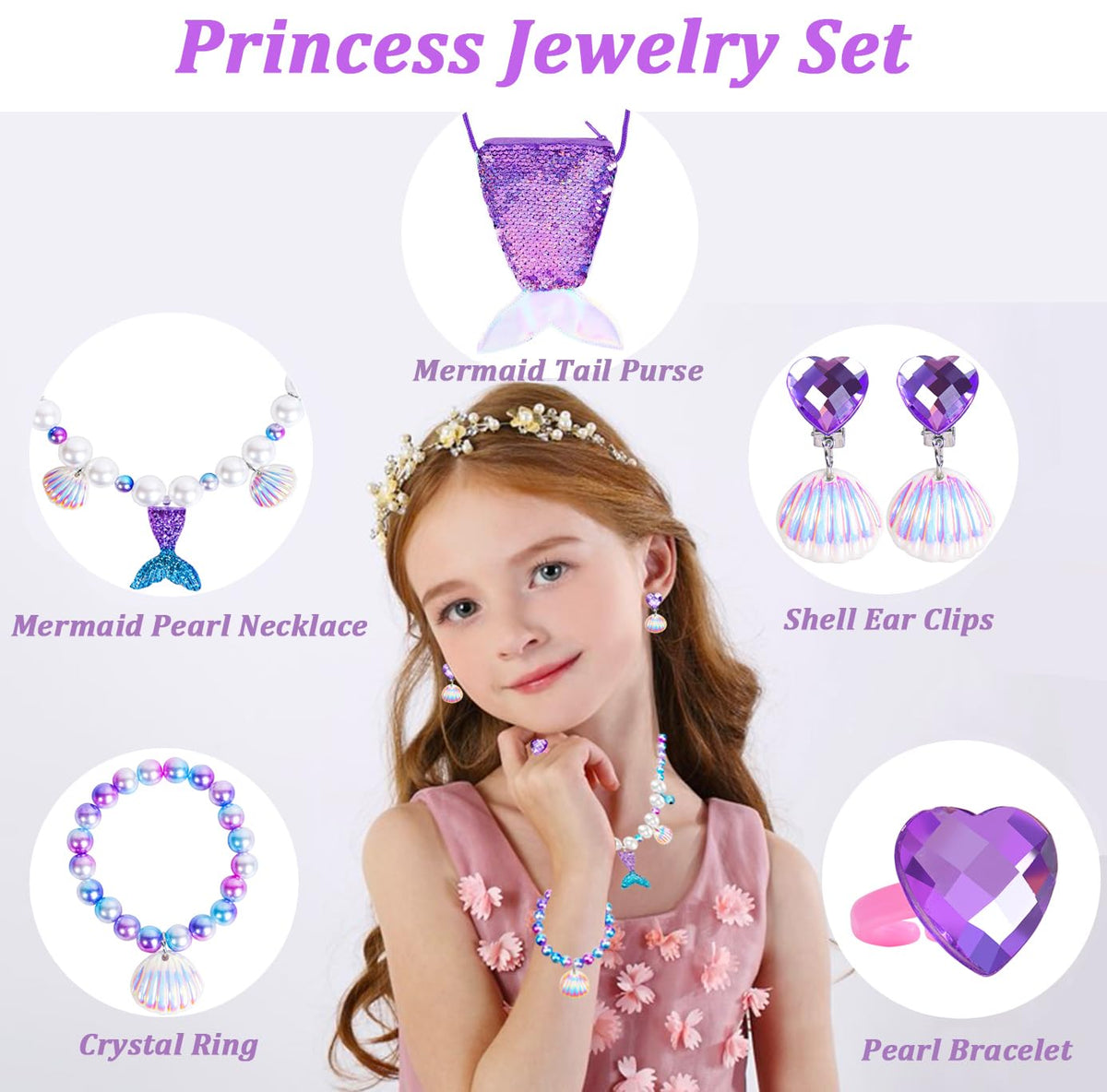 MTGOCHA Mermaid Jewelry Set for Girls – Necklace, Bracelet, Earrings, Ring, Mermaid Purse (Purple)