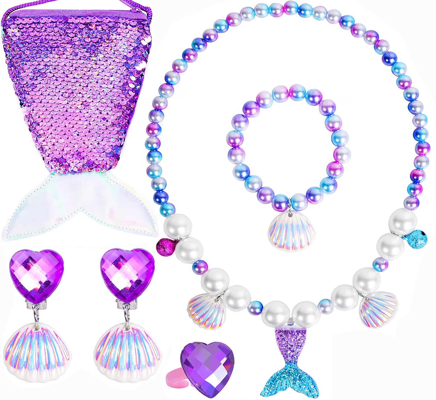 MTGOCHA Mermaid Jewelry Set for Girls – Necklace, Bracelet, Earrings, Ring, Mermaid Purse (Purple)