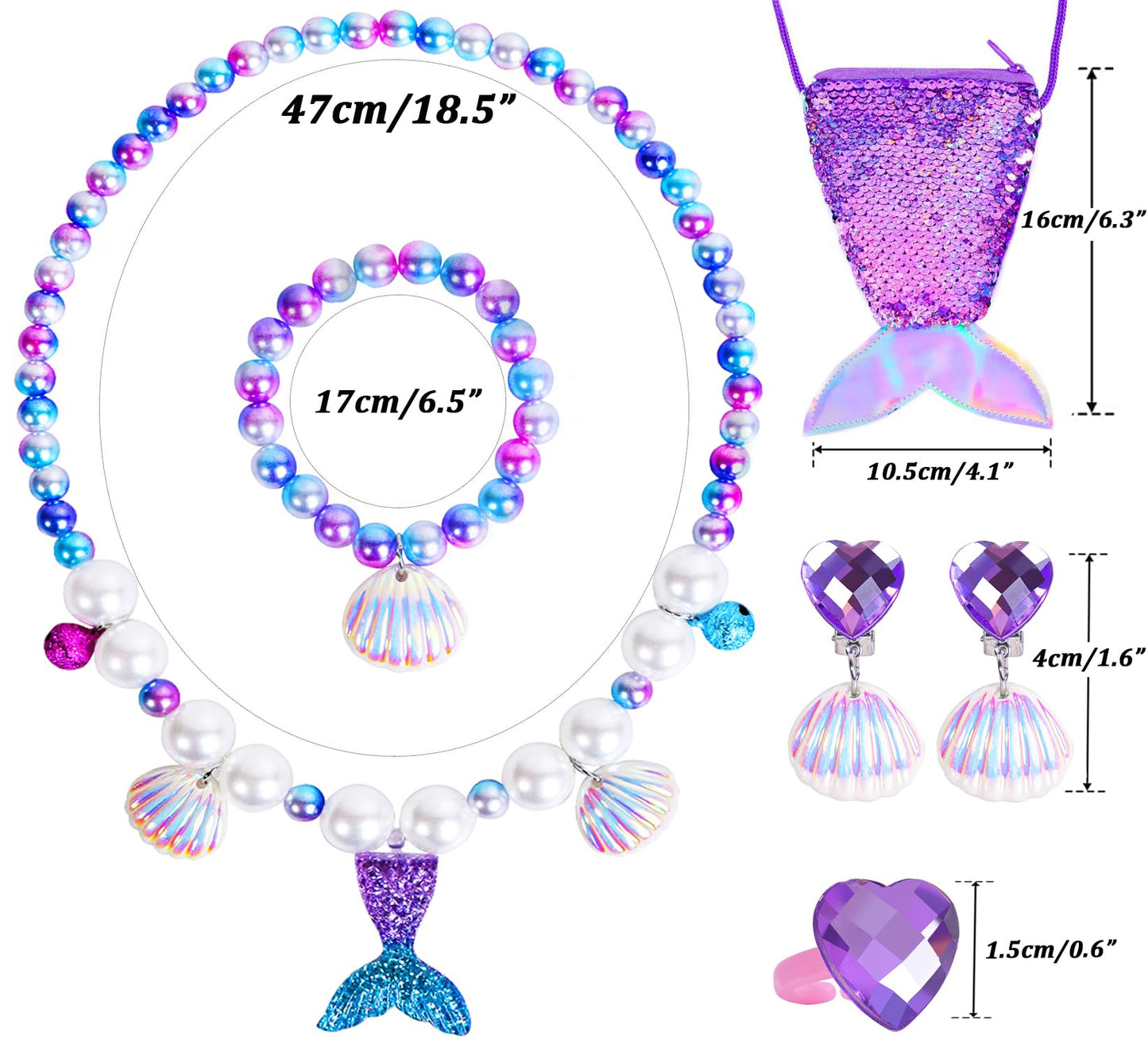 MTGOCHA Mermaid Jewelry Set for Girls – Necklace, Bracelet, Earrings, Ring, Mermaid Purse (Purple)