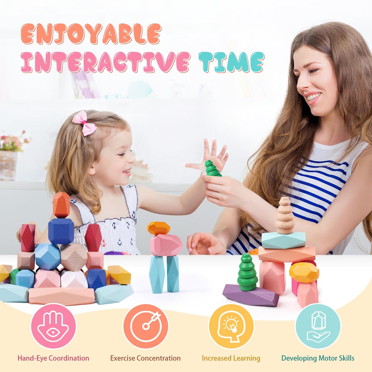 MTTIERY 50-Piece Wooden Stacking Rocks – Montessori Sensory Toys for Toddlers 3-5