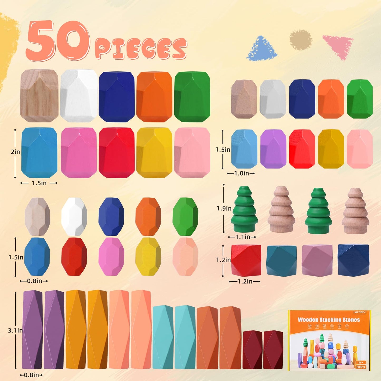 MTTIERY 50-Piece Wooden Stacking Rocks – Montessori Sensory Toys for Toddlers 3-5