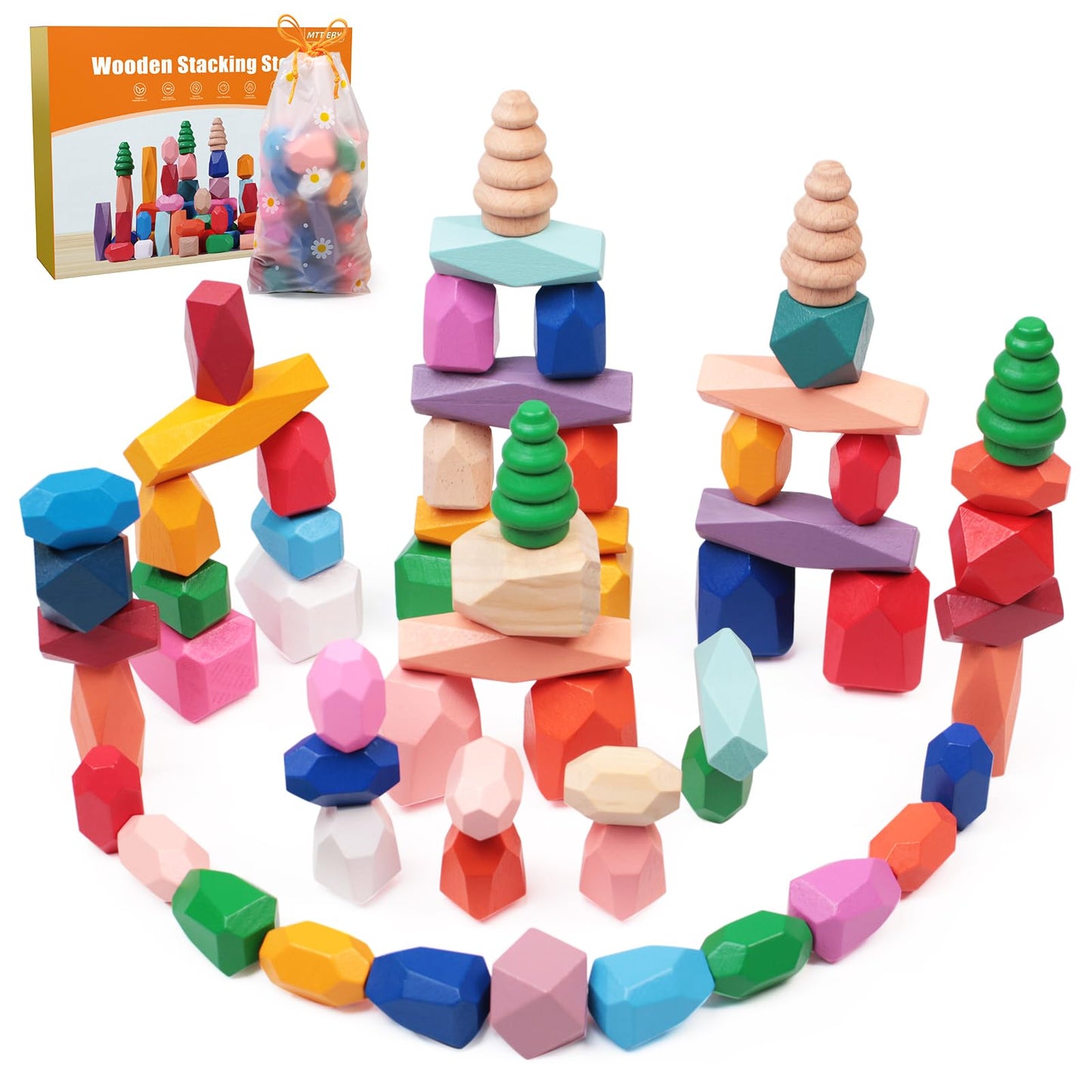 MTTIERY 50-Piece Wooden Stacking Rocks – Montessori Sensory Toys for Toddlers 3-5