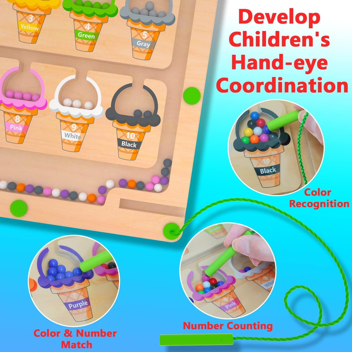 MTYOKILN Magnetic Color & Number Maze – Montessori Wooden Color Matching & Counting Toy for Toddlers 2-4