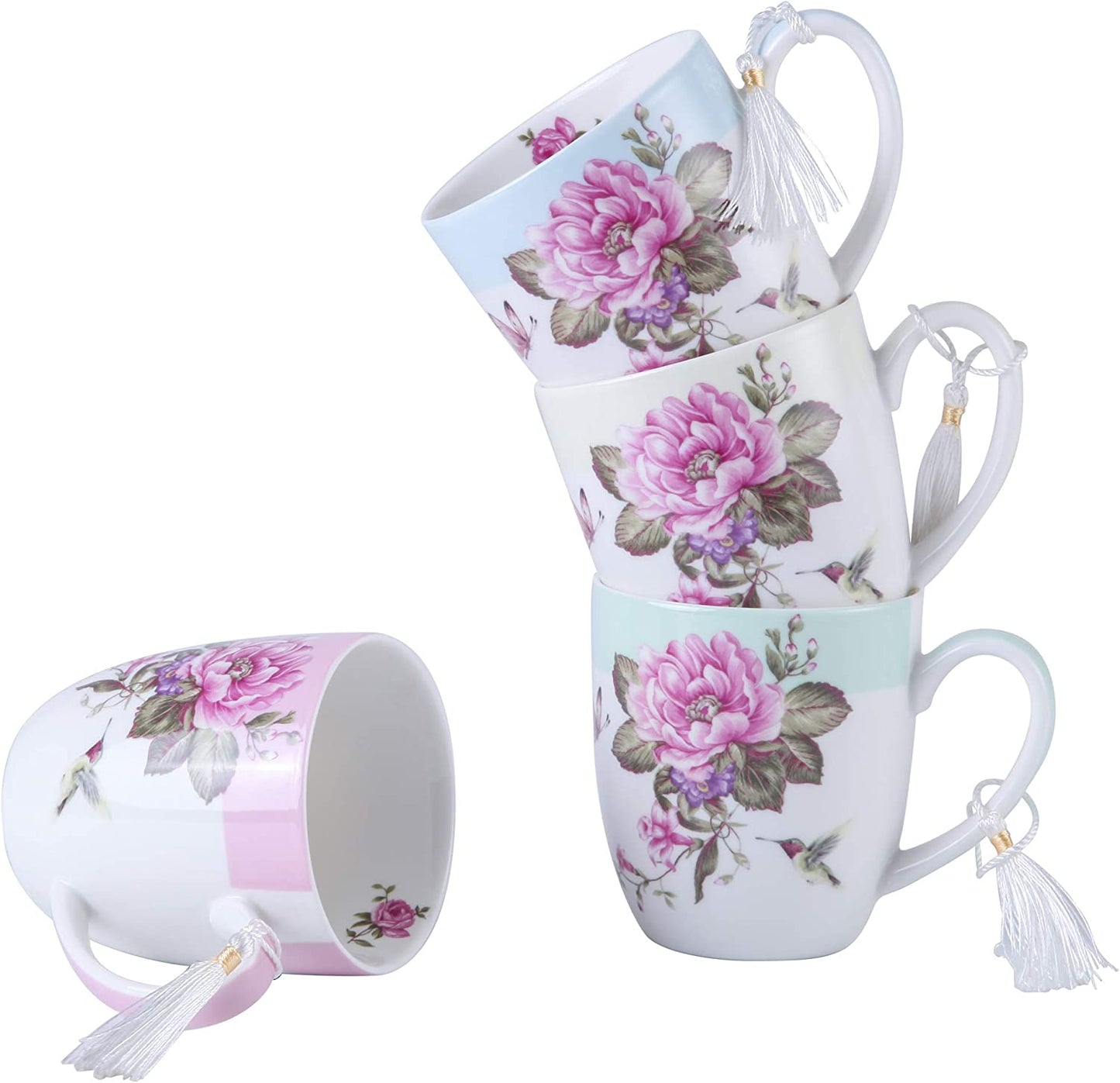Tea Coffee Cup Mug Set 4 Ceramic Porcelain Bird Rose Butterfly Shabby Chic design in Gift Box 330ML (1 SET)