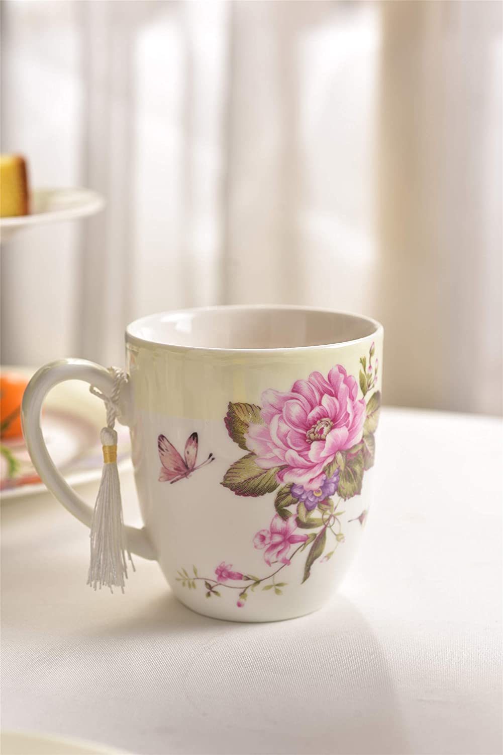 Tea Coffee Cup Mug Set 4 Ceramic Porcelain Bird Rose Butterfly Shabby Chic design in Gift Box 330ML (1 SET)