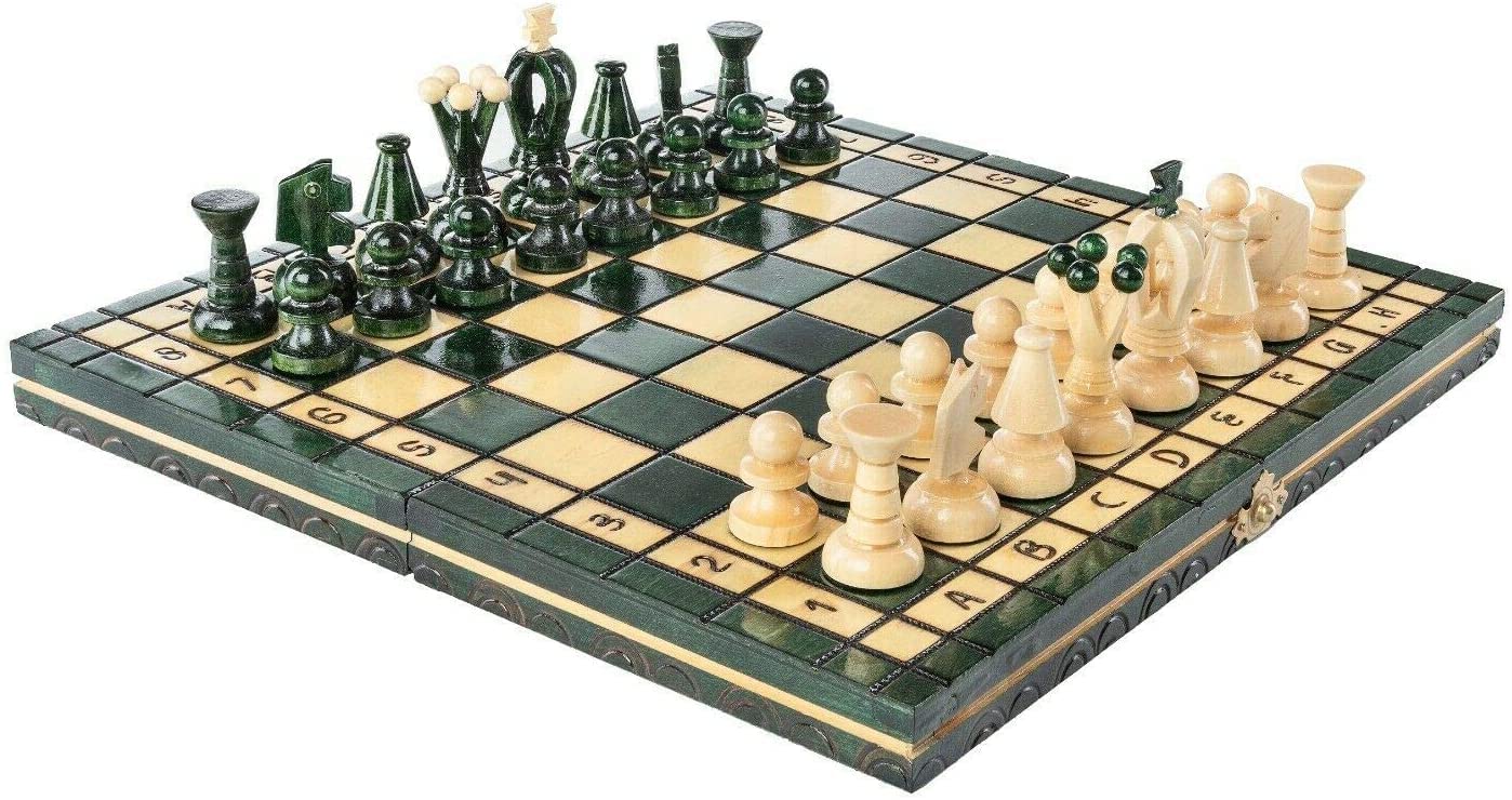 Muba Handcrafted Hornbeam Chess Set – Folding Wooden Board, 12.5-inch Green