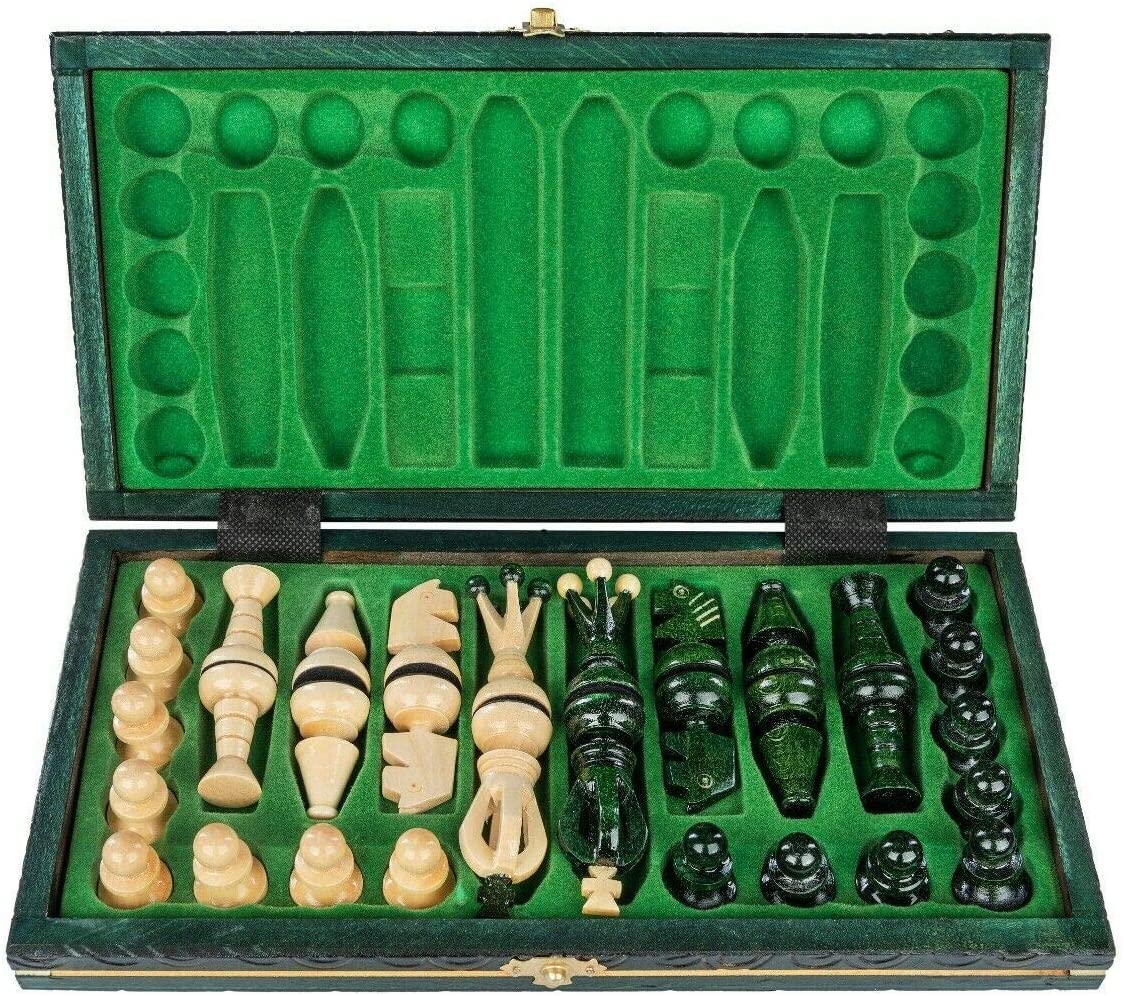 Muba Handcrafted Hornbeam Chess Set – Folding Wooden Board, 12.5-inch Green