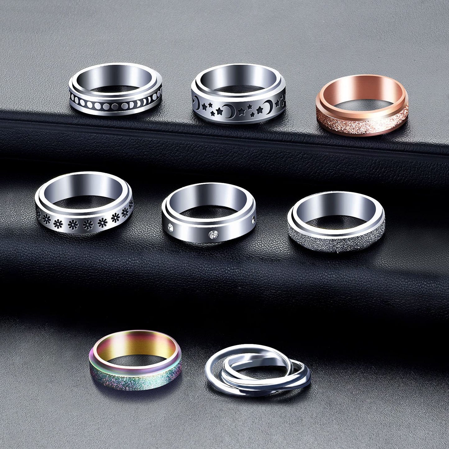 MUCAL Fidget Rings for Anxiety – 8pc Stainless Steel Spinner Ring Set | Unisex Anti-Anxiety Rings