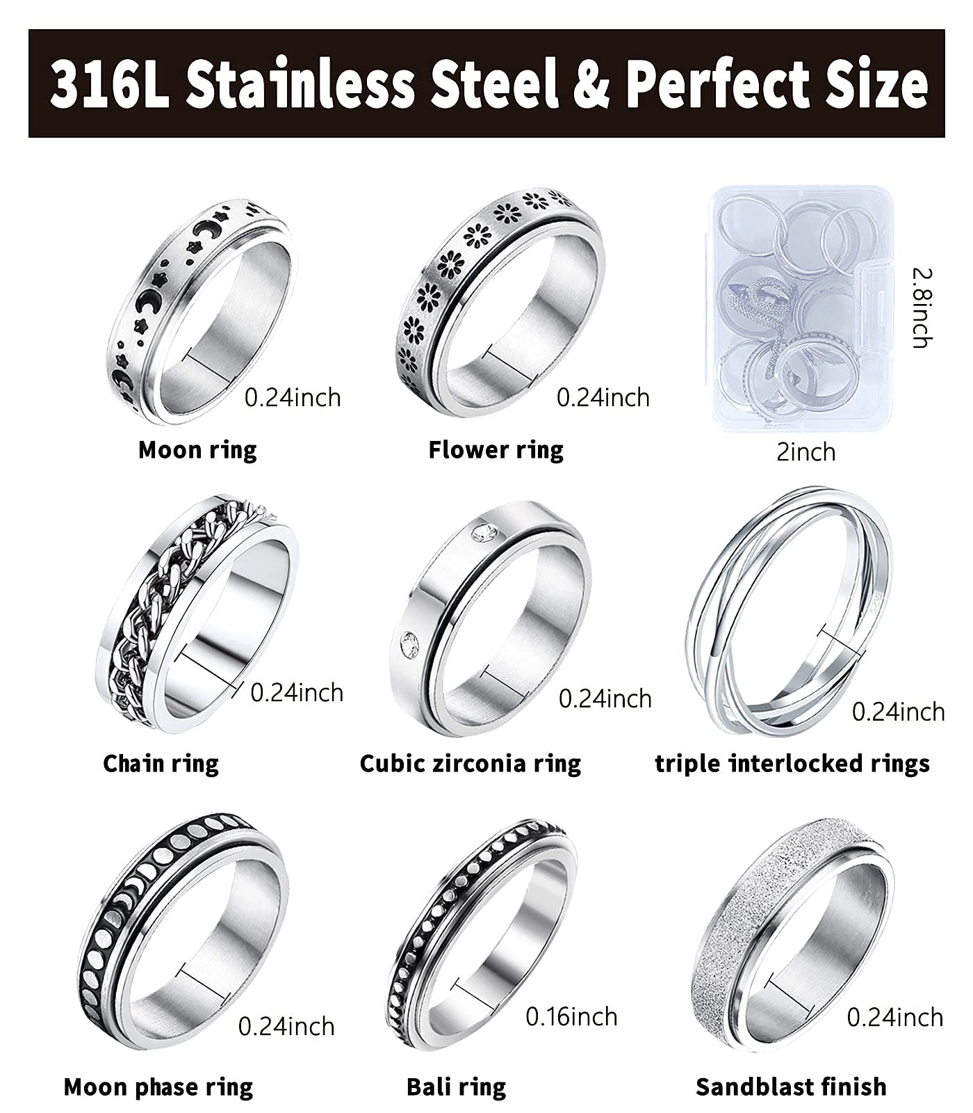MUCAL Fidget Rings for Anxiety – 8pc Stainless Steel Spinner Ring Set for Women & Men