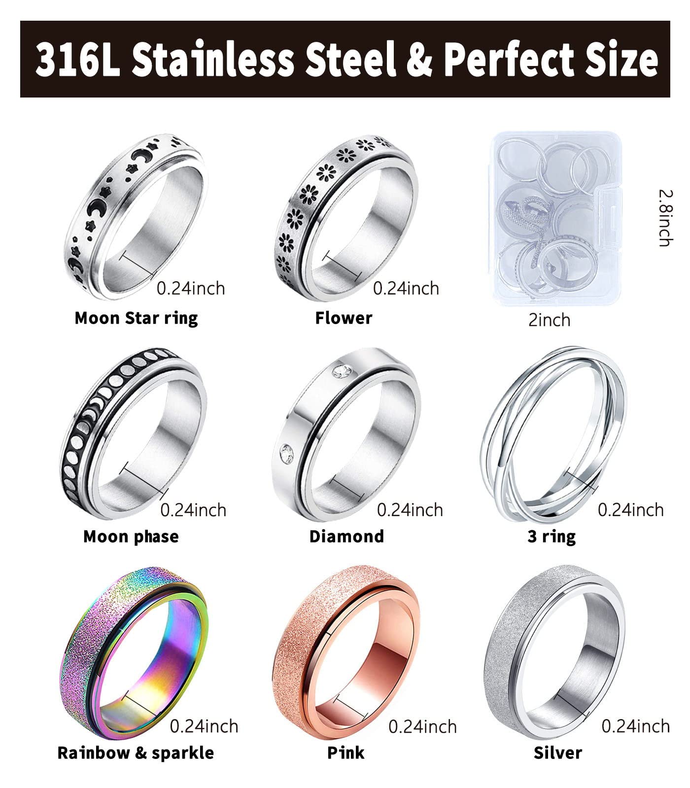 MUCAL Fidget Rings for Anxiety — 8-Piece Stainless Steel Spinner Ring Set
