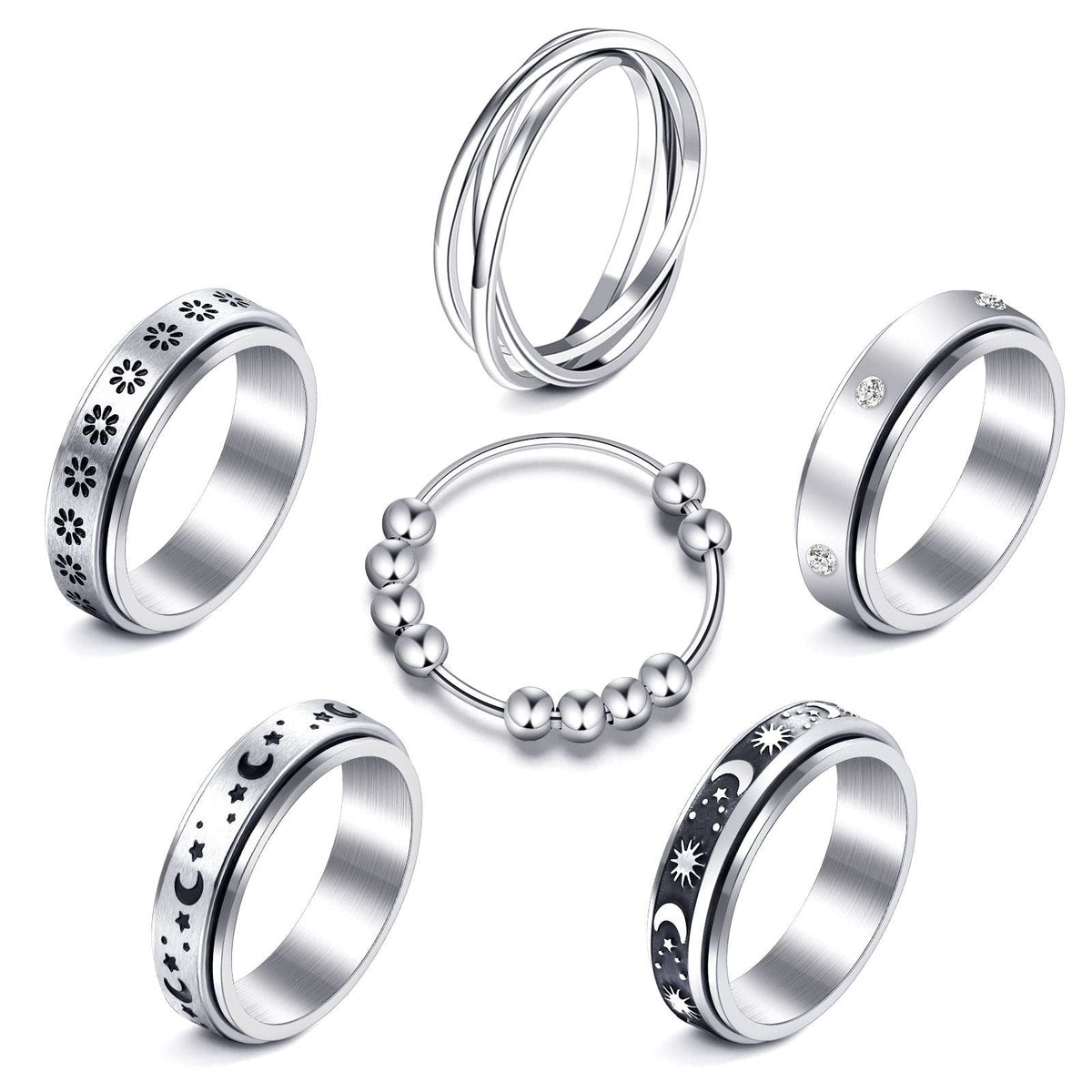 MUCAL Fidget Rings for Anxiety – 8pc Stainless Steel Spinner Ring Set | Moon & Star Designs