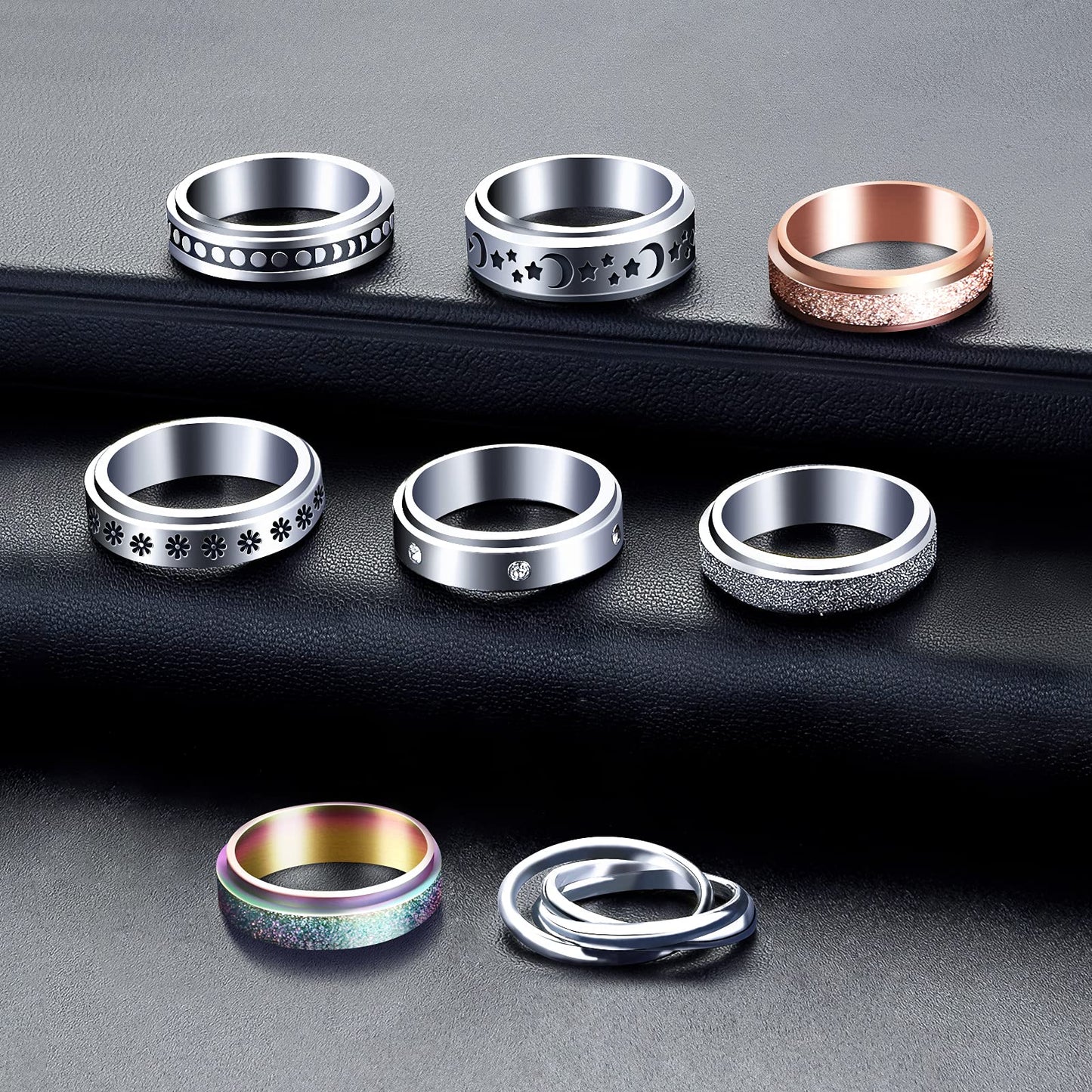 MUCAL Fidget Rings for Anxiety | 8pc Stainless Steel Spinner Ring Set – Moon & Star Designs