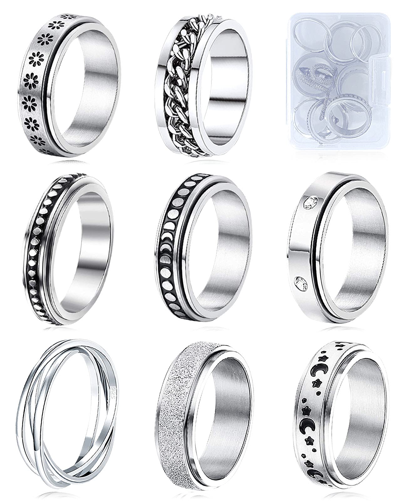 MUCAL Fidget Rings for Anxiety – 8pc Stainless Steel Spinner Ring Set for Women & Men
