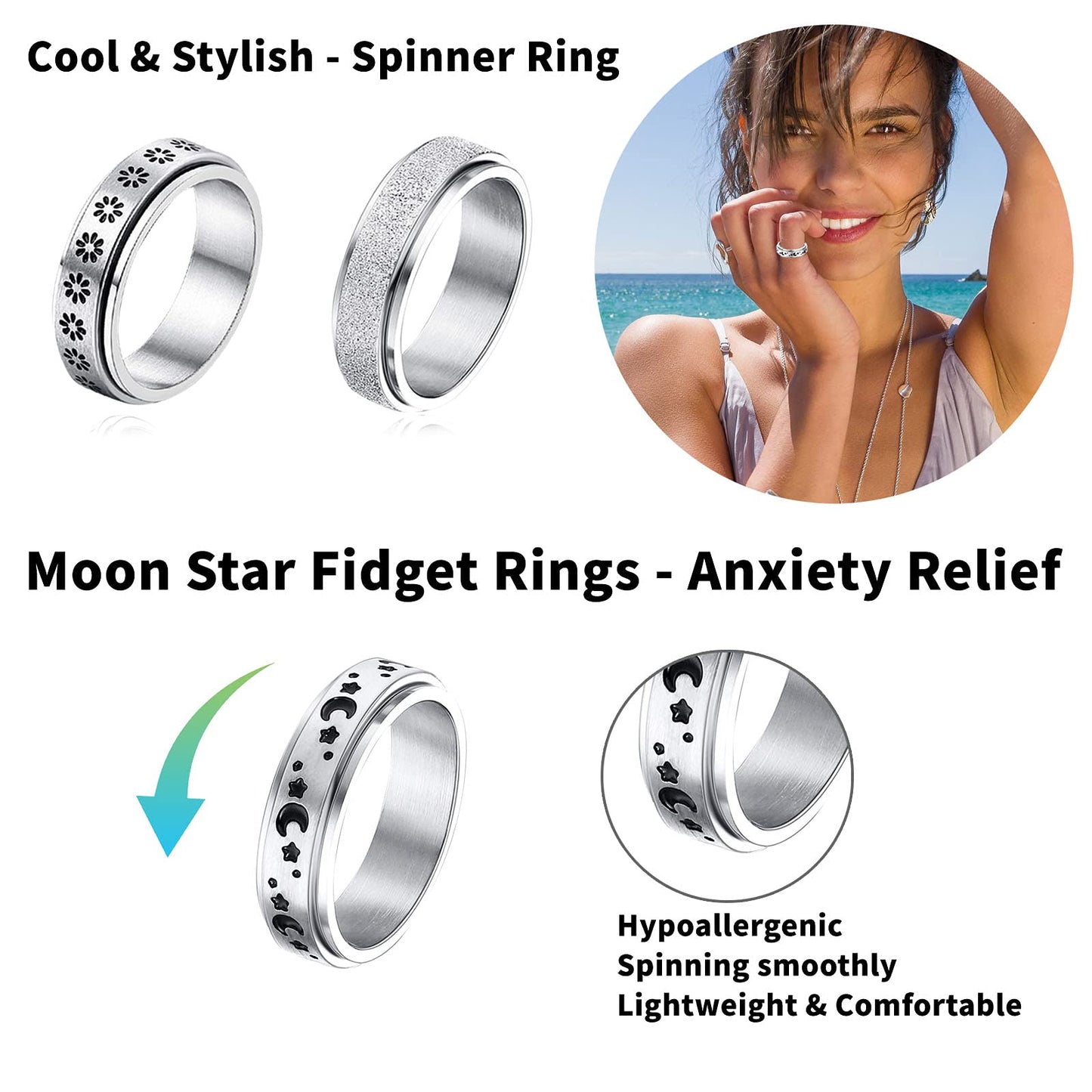 MUCAL Fidget Rings for Anxiety – 8pc Stainless Steel Spinner Ring Set for Women & Men