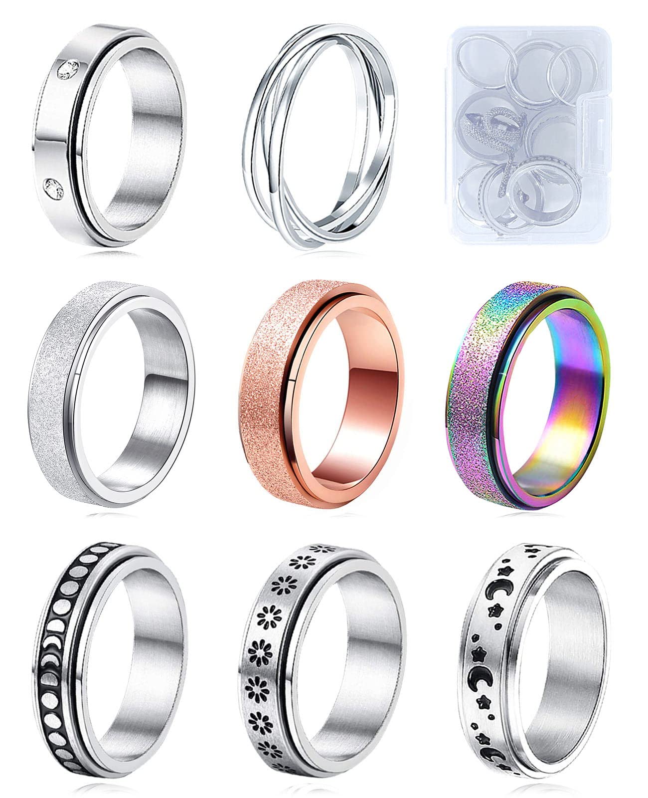 MUCAL Fidget Rings for Anxiety | 8pc Stainless Steel Spinner Ring Set – Moon & Star Designs
