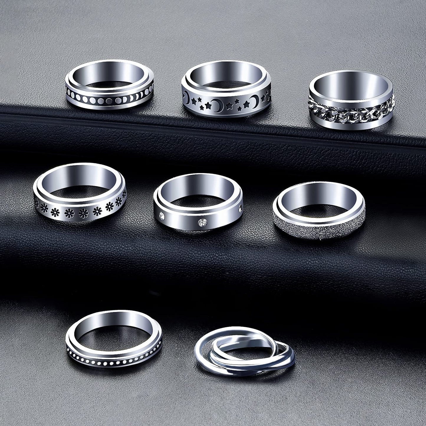 MUCAL Fidget Rings for Anxiety – 8pc Stainless Steel Spinner Ring Set for Women & Men
