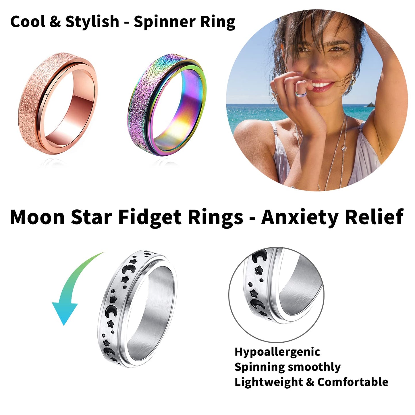 MUCAL Fidget Rings for Anxiety – 8pc Stainless Steel Spinner Ring Set | Unisex Anti-Anxiety Rings