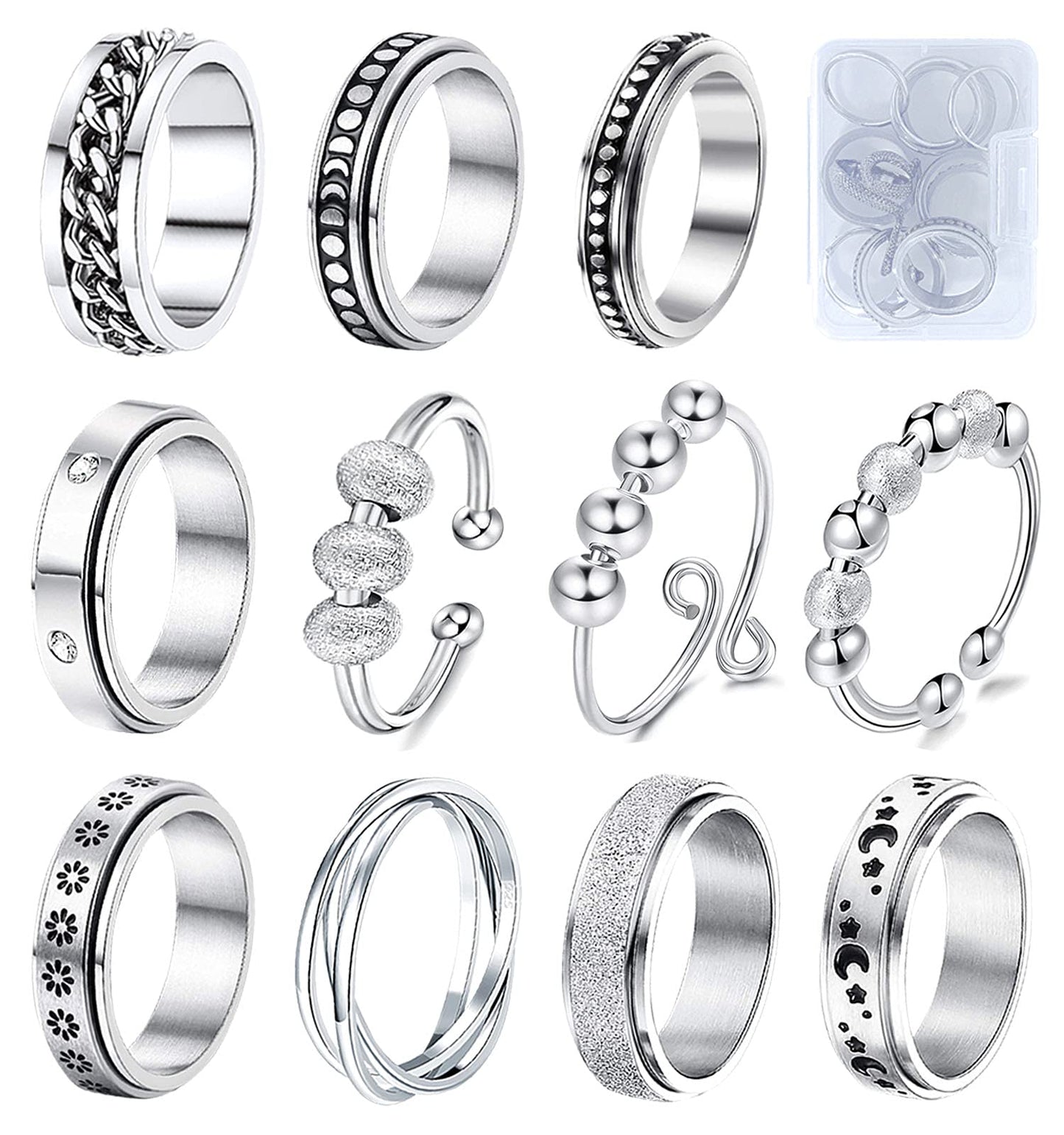 MUCAL Fidget Rings for Anxiety — 8-Piece Stainless Steel Spinner Ring Set
