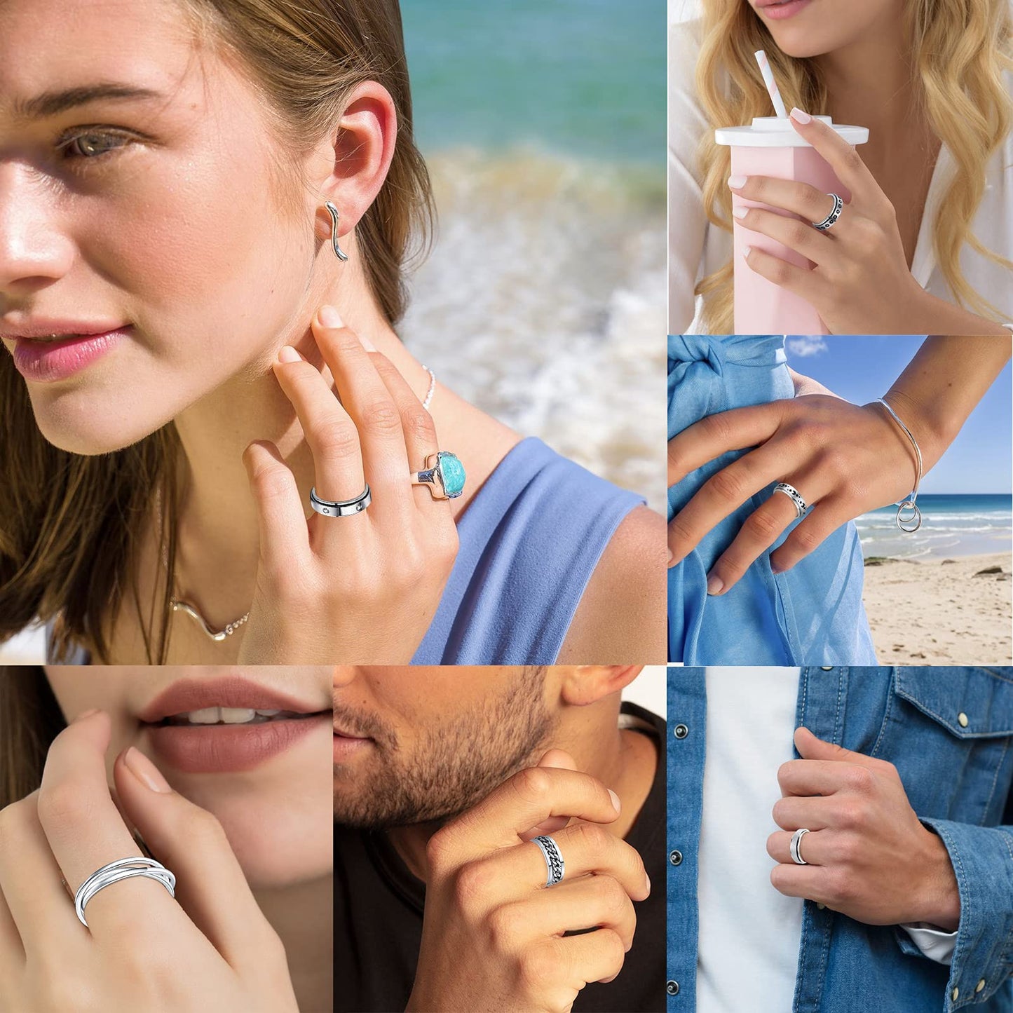 MUCAL Fidget Rings for Anxiety — 8-Piece Stainless Steel Spinner Ring Set