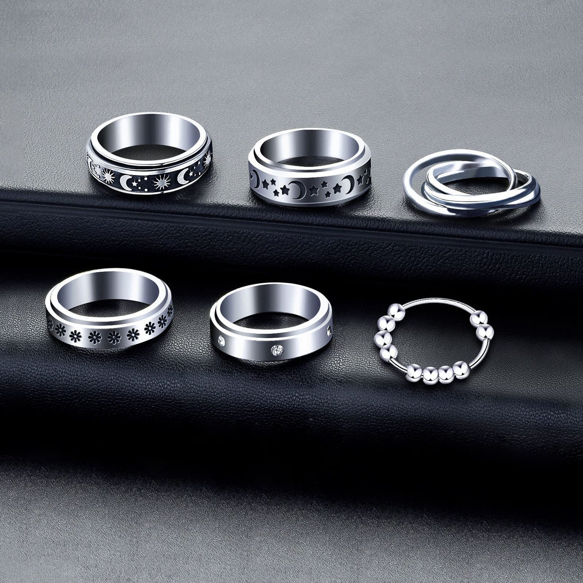 MUCAL Fidget Rings for Anxiety – 8pc Stainless Steel Spinner Ring Set | Moon & Star Designs