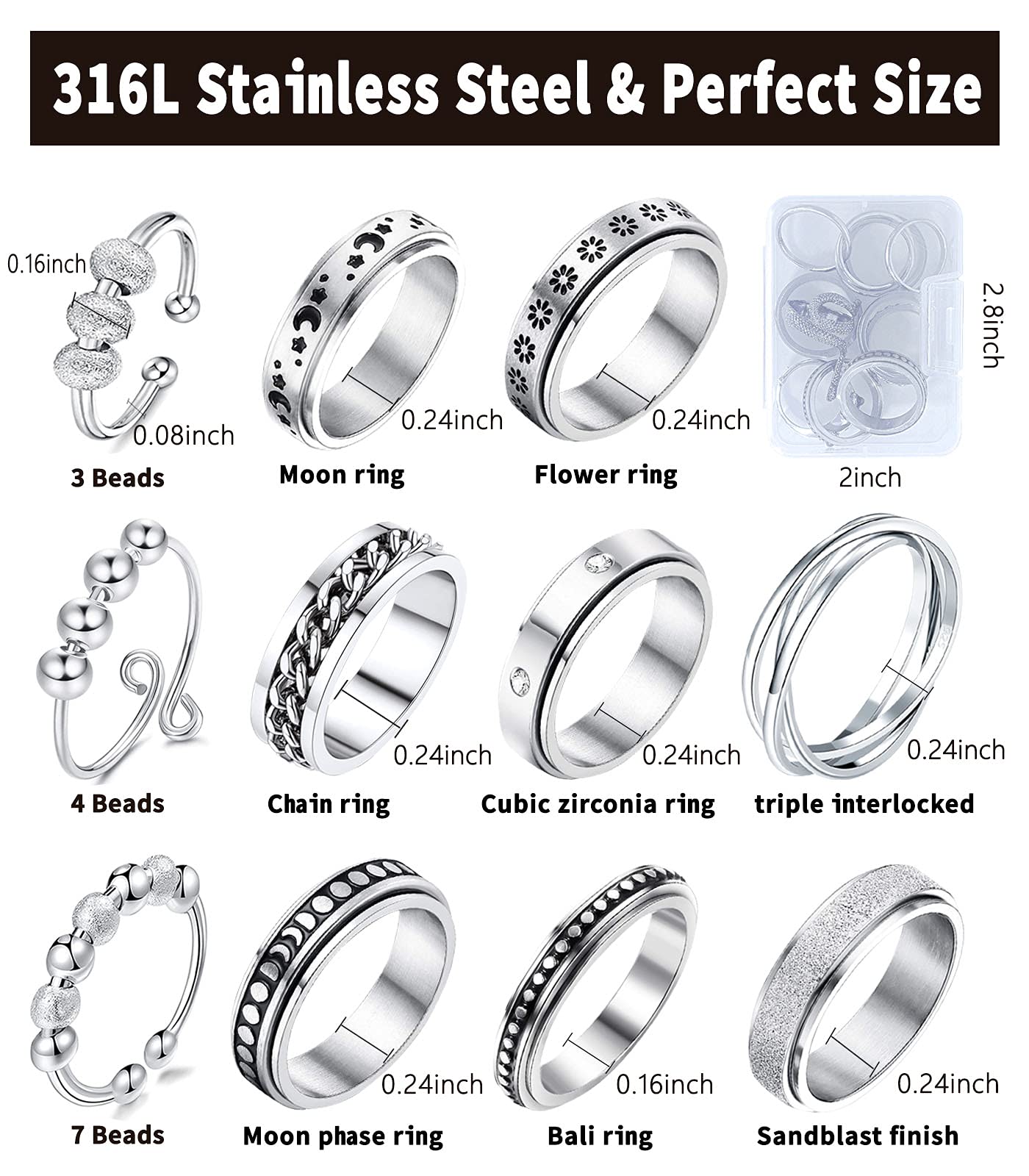 MUCAL Fidget Rings for Anxiety — 8-Piece Stainless Steel Spinner Ring Set