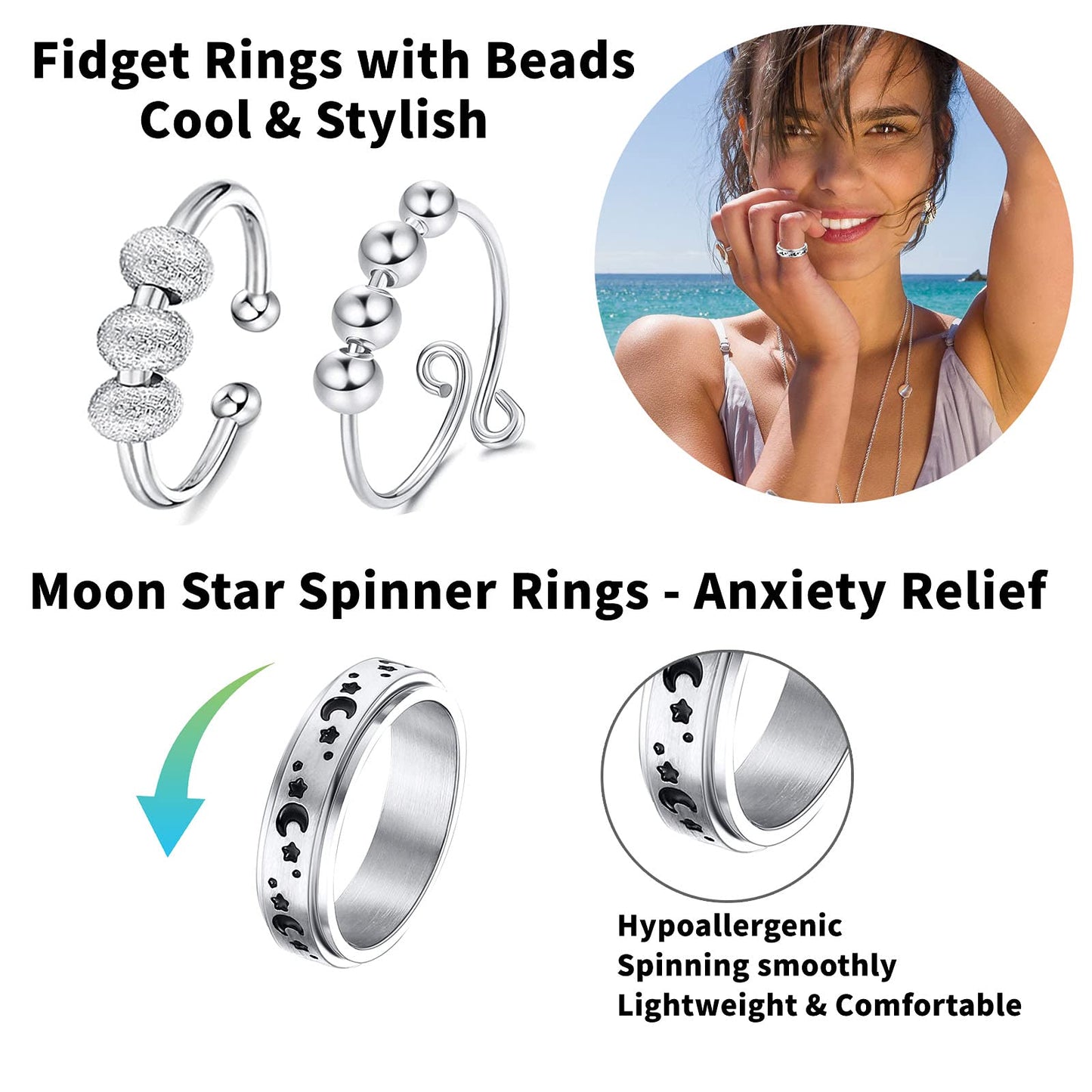 MUCAL Fidget Rings for Anxiety — 8-Piece Stainless Steel Spinner Ring Set