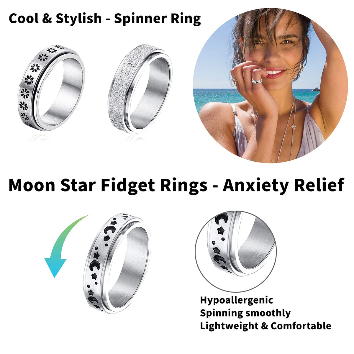 MUCAL Fidget Rings for Anxiety – 8pc Stainless Steel Spinner Set