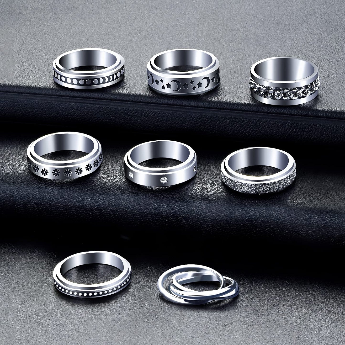 MUCAL Fidget Rings for Anxiety - 8-Piece Stainless Steel Spinner Set