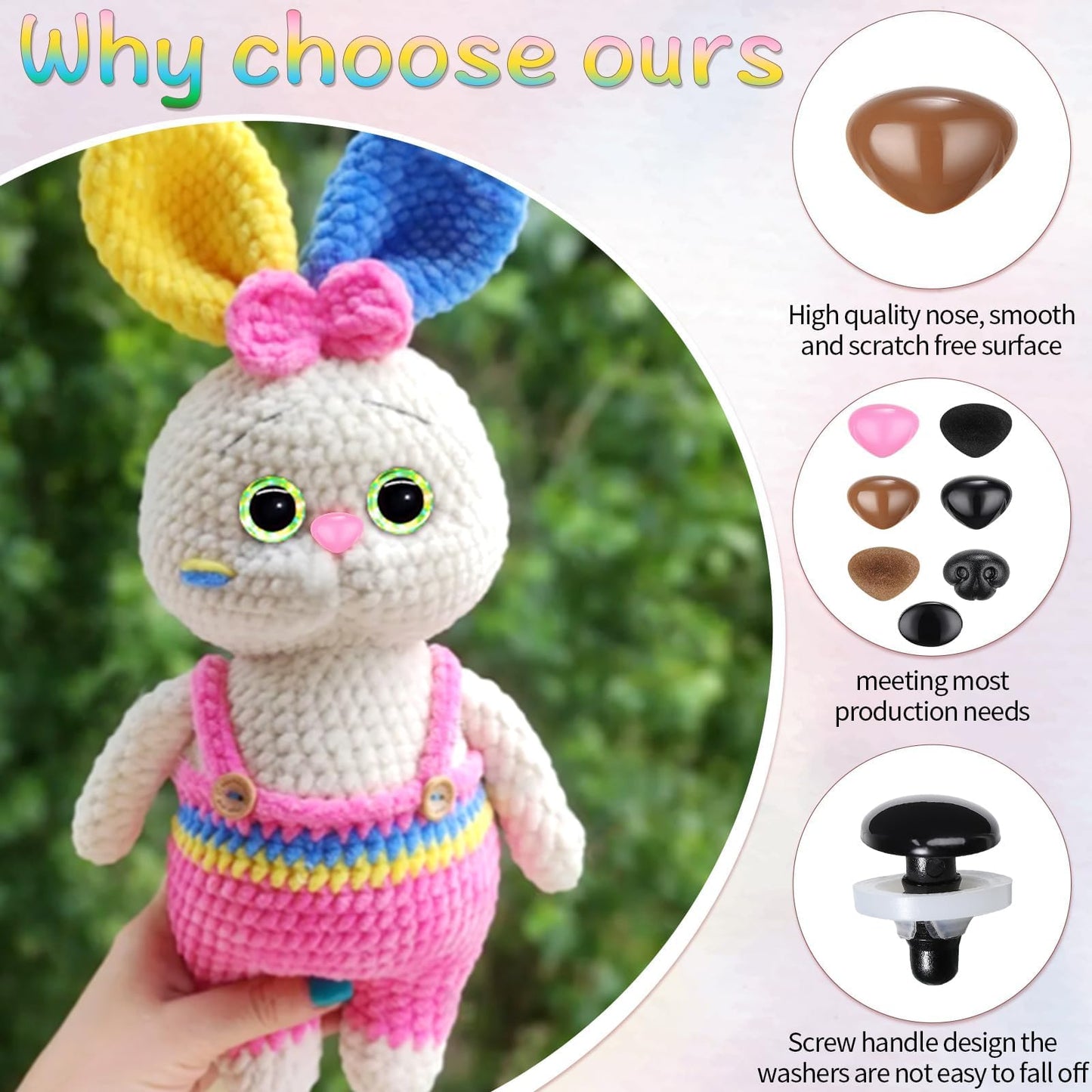 MUCUNNIA 108pcs Safety Noses for Amigurumi – 5 Sizes, 7 Styles with Washers