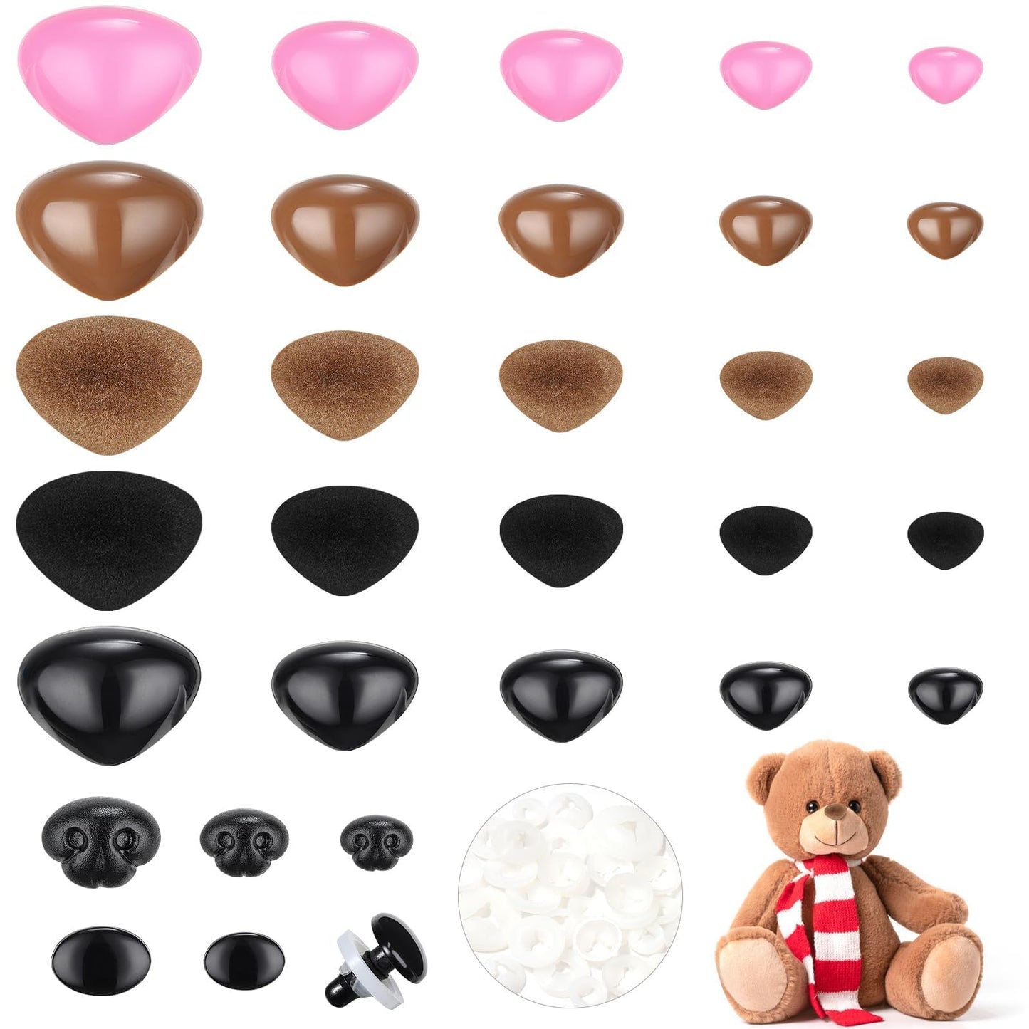 MUCUNNIA 108pcs Safety Noses for Amigurumi – 5 Sizes, 7 Styles with Washers